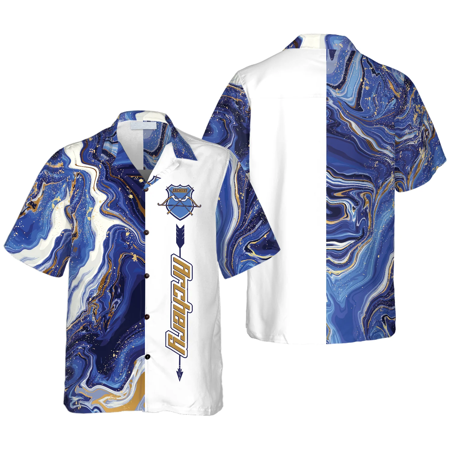 Blue Marble And Gold Archery Hawaiian Shirt/ Idea Gift for Archer Sport Lovers/ Archery Hawaiian Shirt