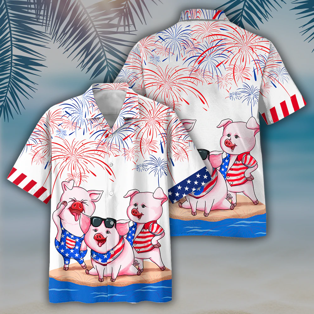 Pig 4th of july Hawaiian Shirt/ Men''s USA Patriotic Hawaiian Shirt/ Patriotic Aloha Shirts