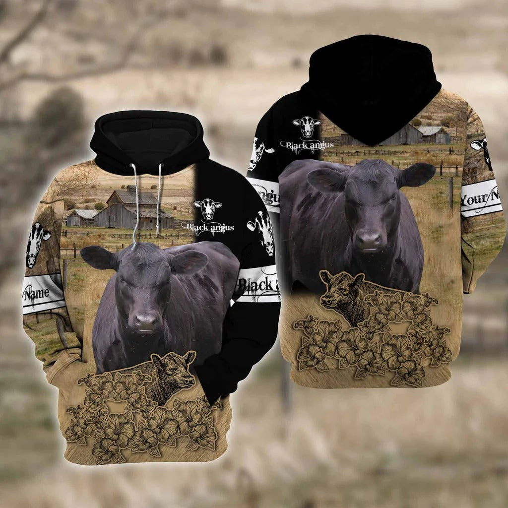 Custom Name Farm Black Angus Cattle Hoodie 3D All Over Print Animal Zip Hoodie