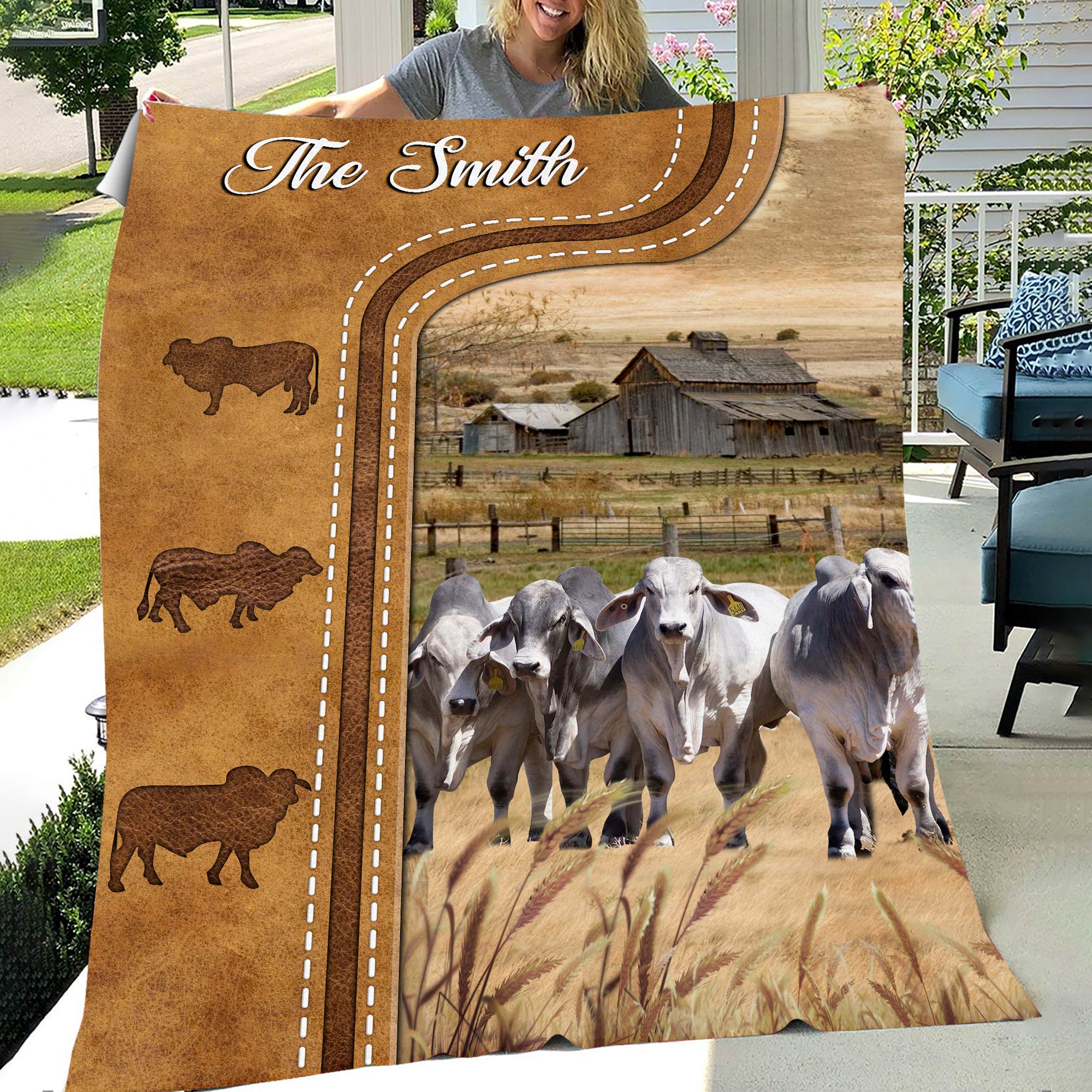 Personalized Brahman Cattle In Field Farmhouse Blanket Cow Fleece Sherpa Blanket