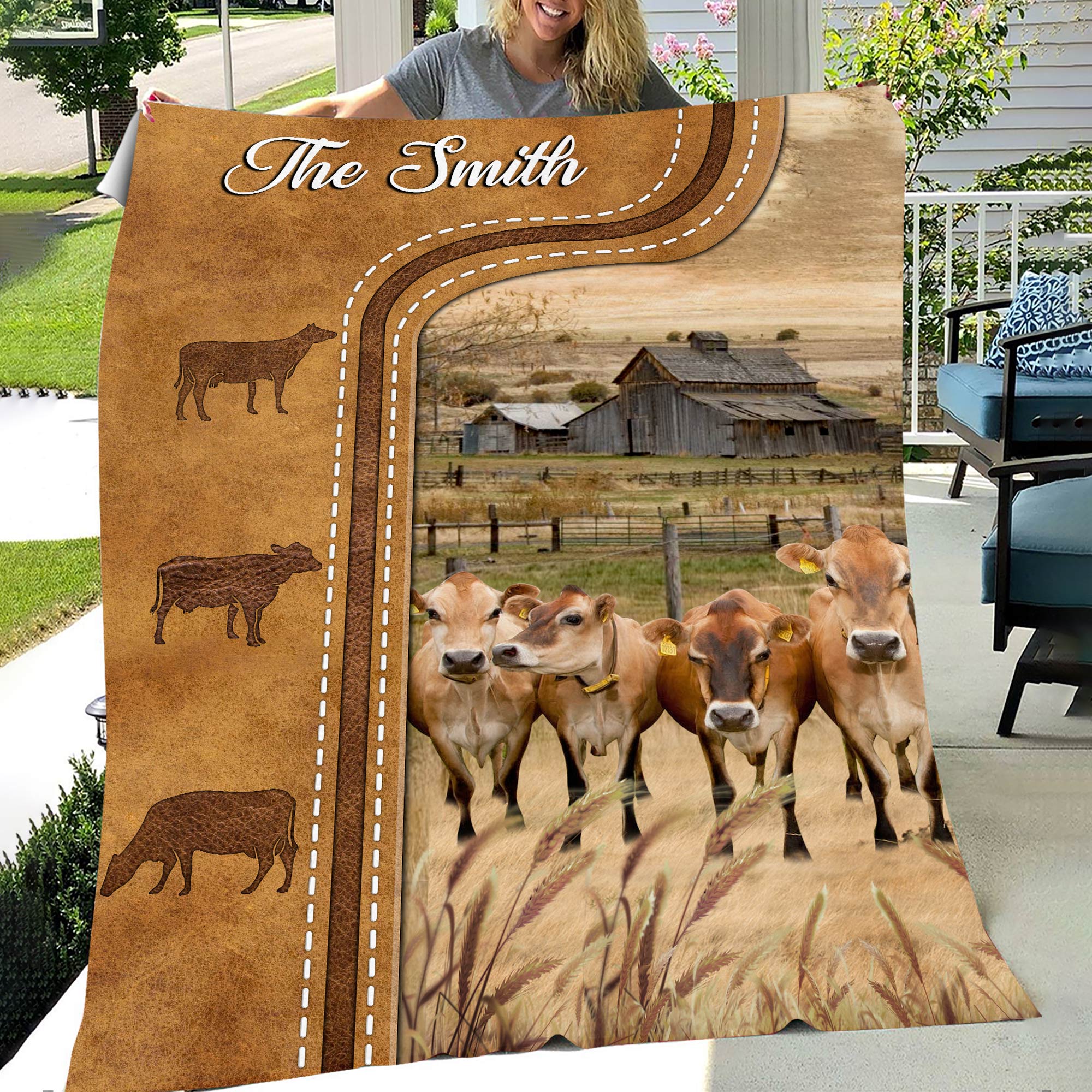 Personalized Jersey Cattle In Field Farmhouse Blanket