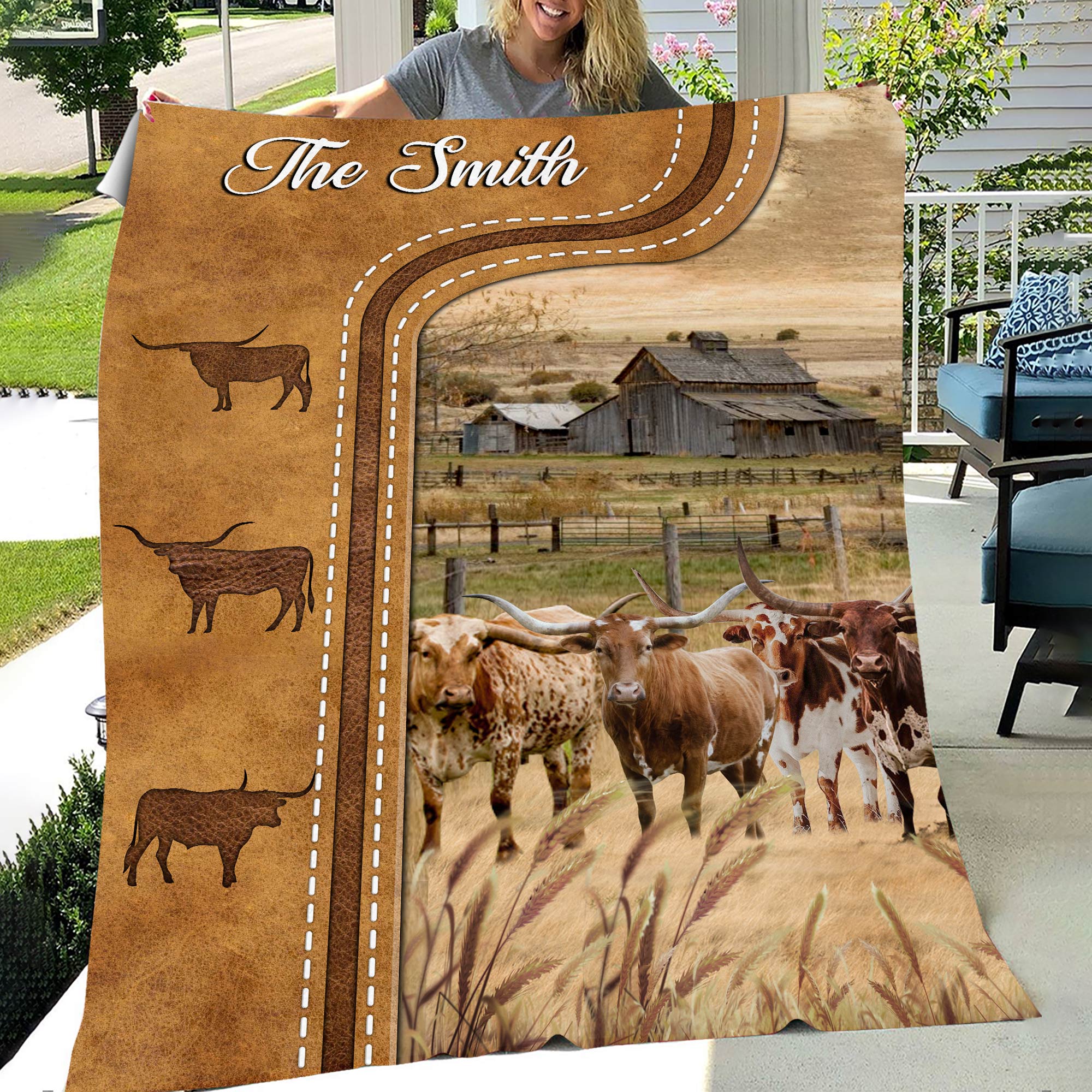 Personalized Texas Longhorn Cattle In Field Farm house Blanket Cow Blanket Full Size
