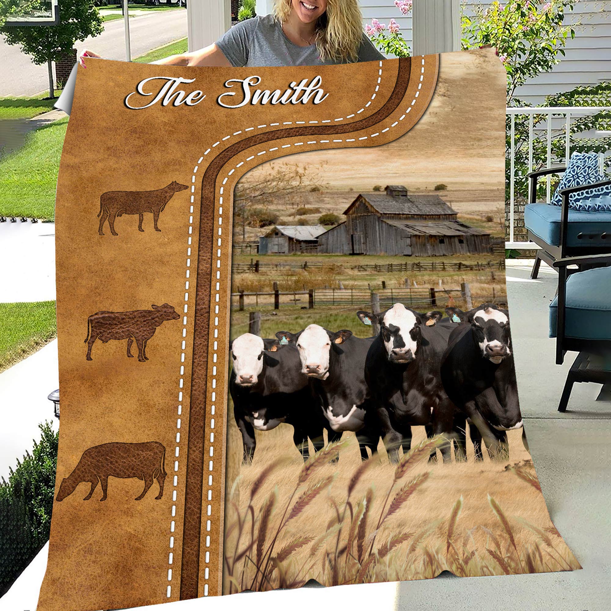 Personalized Black Baldy Cattle In Field Farmhouse Blanket