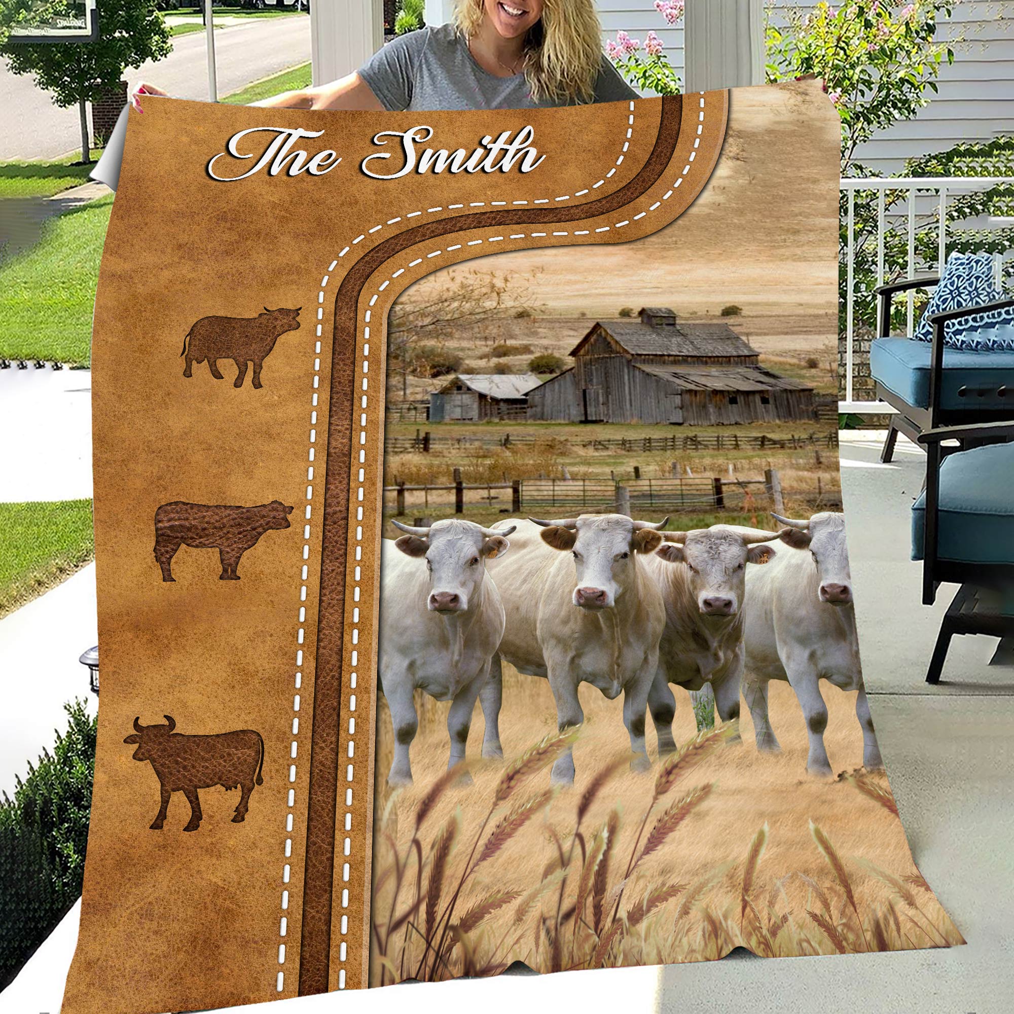 Personalized Charolais Cattle In Field Farmhouse Blanket Winter Soft Warn Blanket