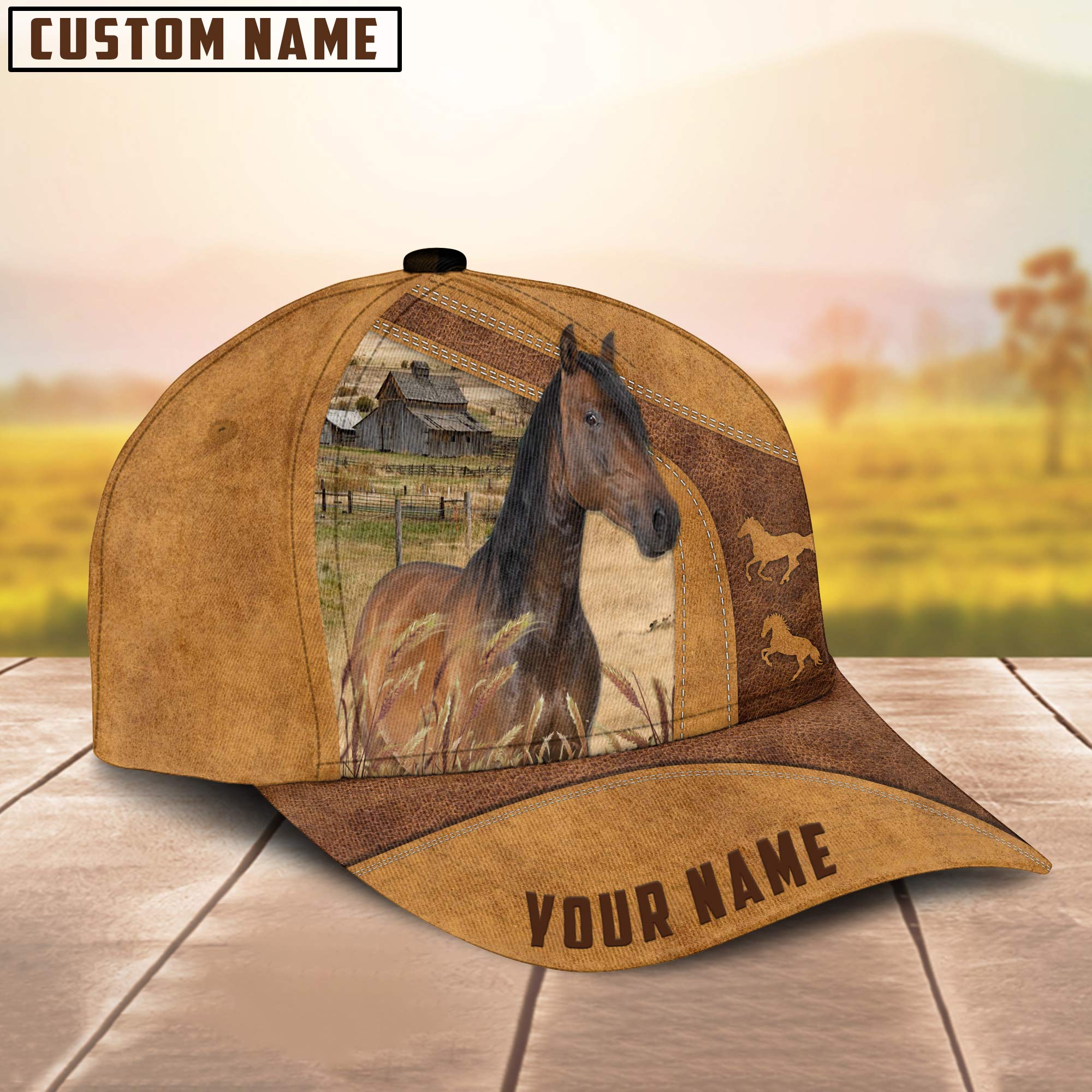 Custom Name Horse Cap / Horse Hat/ Farm Baseball Hat Brown Leather Pattern