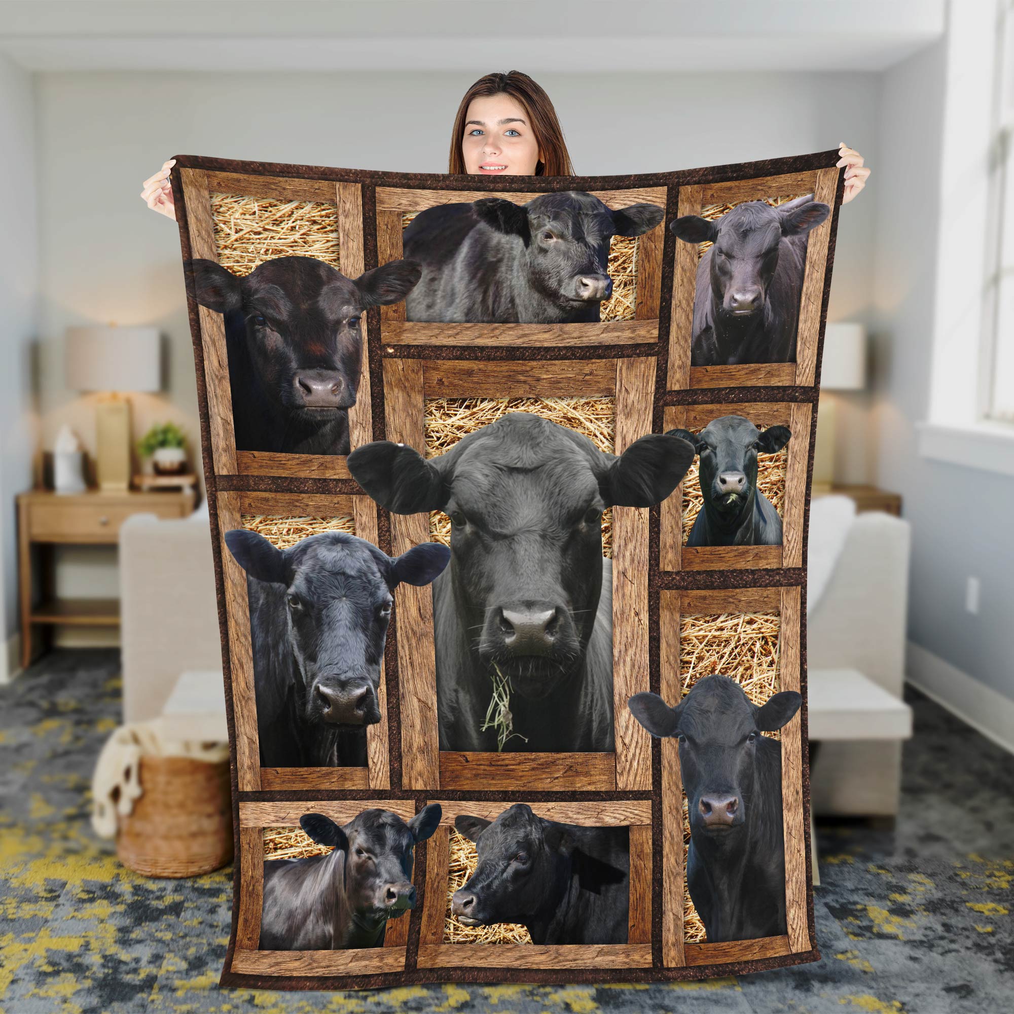 Black Angus In Farm All Printed 3D Blanket Cow Blanket Farm House Blanket