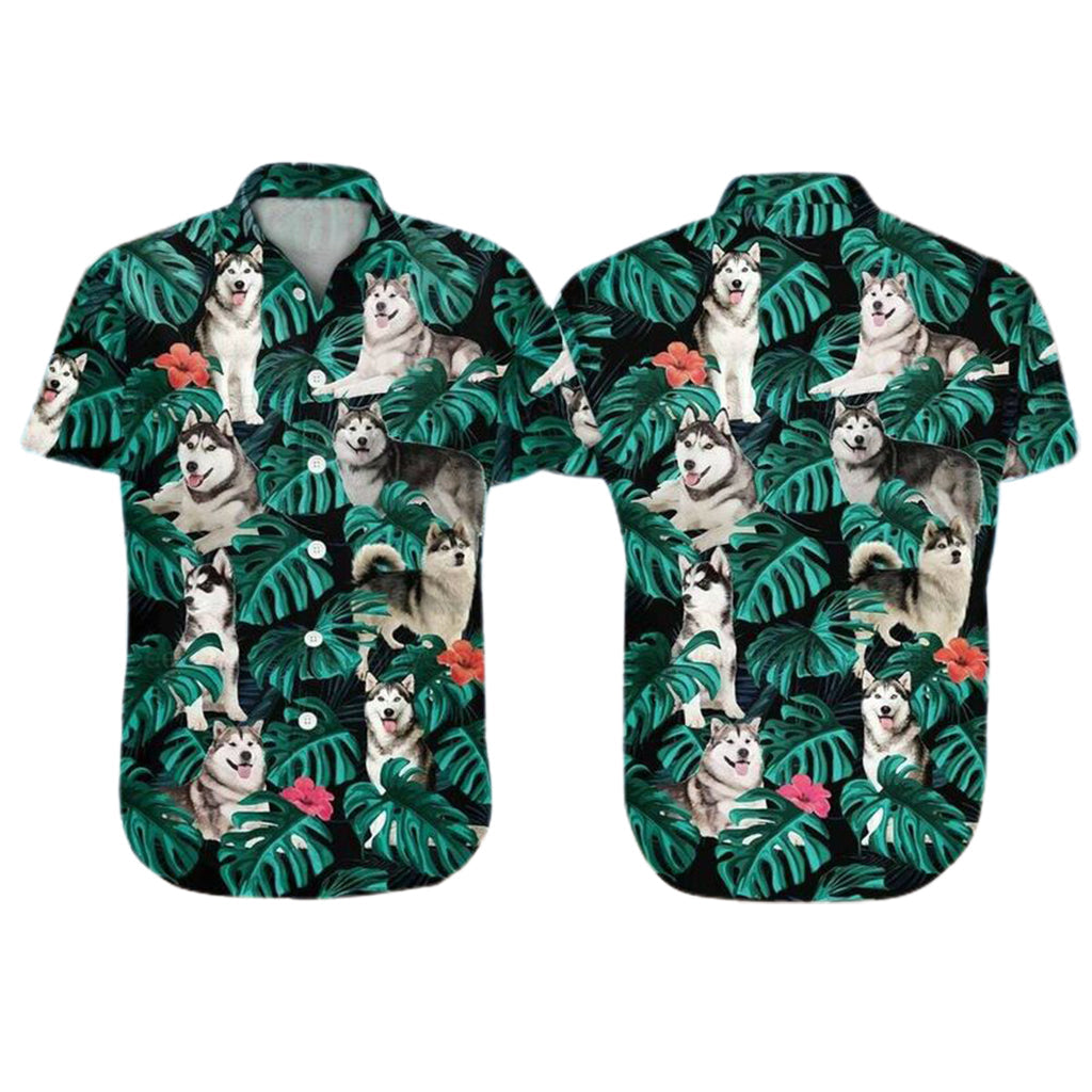 usky Dog Aloha Hawaiian Shirt - Funny Husky Dog Pet Hawaiian Shirt/ Tropical Leaves Pattern Hawaiian Shirt For Men