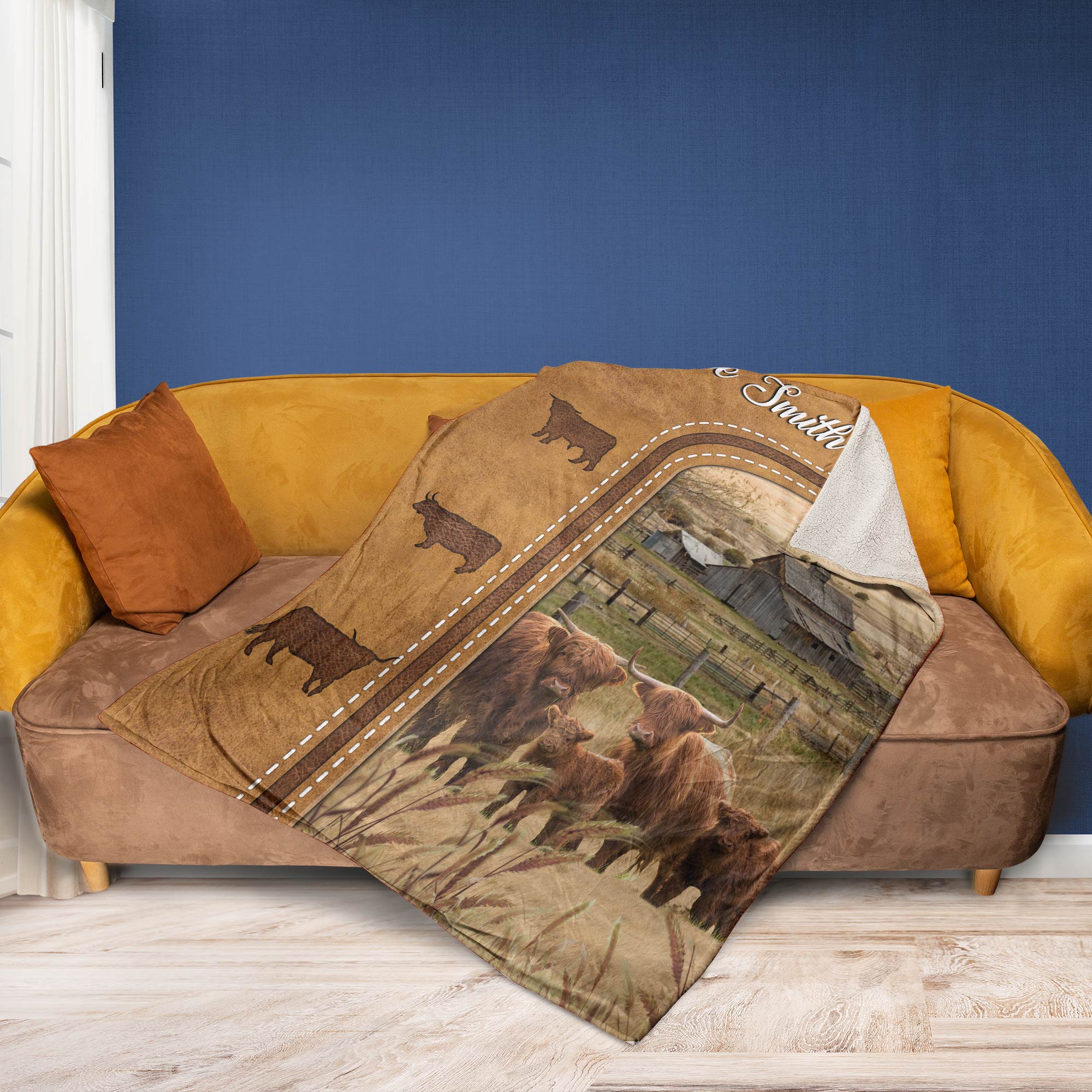 Personalized Highland Cattle In Field Farmhouse Blanket Gift For Cow Lover Throw Fleece Sherpa Blanket