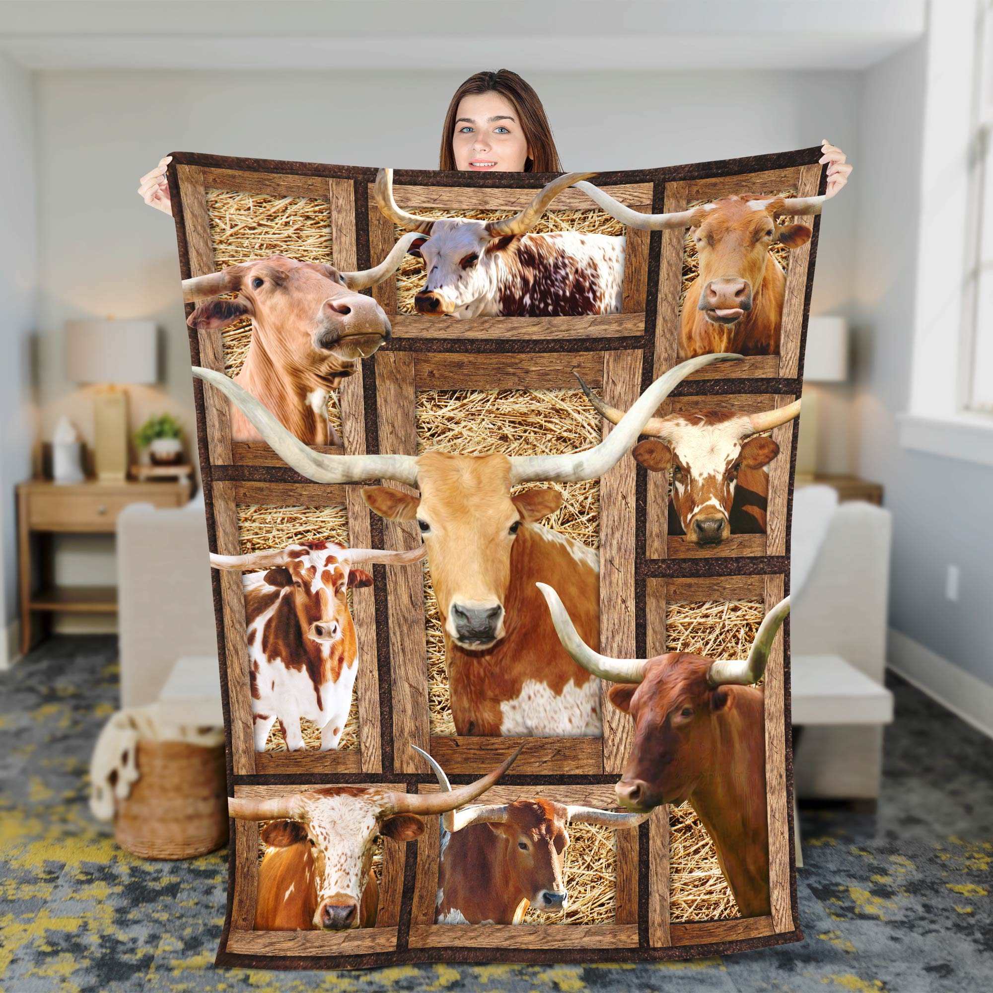 TX Longhorn In Farm All Printed 3D Blanket Farmhouse Blanket Farmer Gift