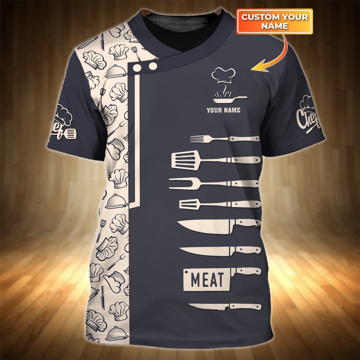 Chef Pattern Shirt Chef Knives Personalized Name 3D Tshirt Gift For Cooks Restaurant Uniform