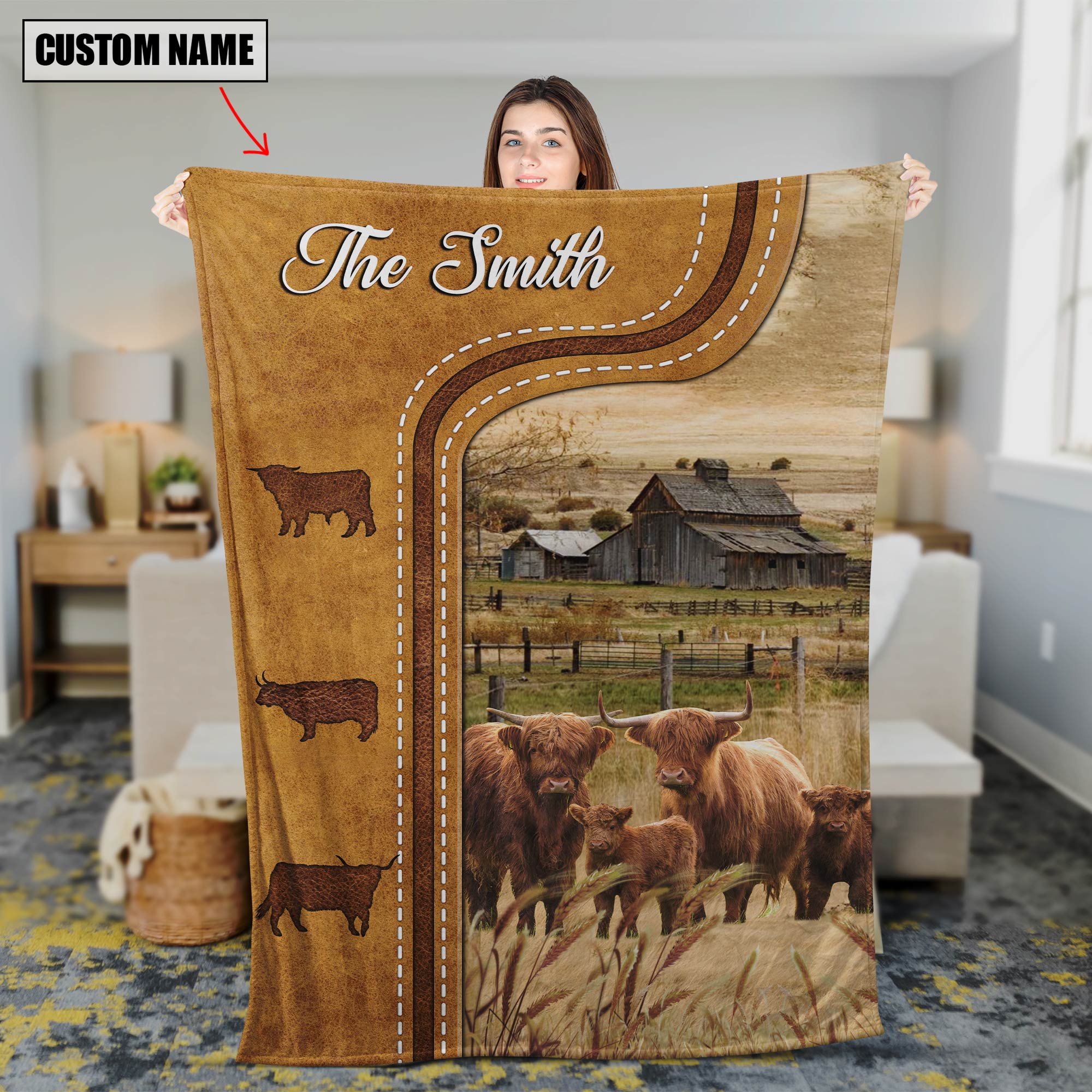 Personalized Highland Cattle In Field Farmhouse Blanket Gift For Cow Lover Throw Fleece Sherpa Blanket