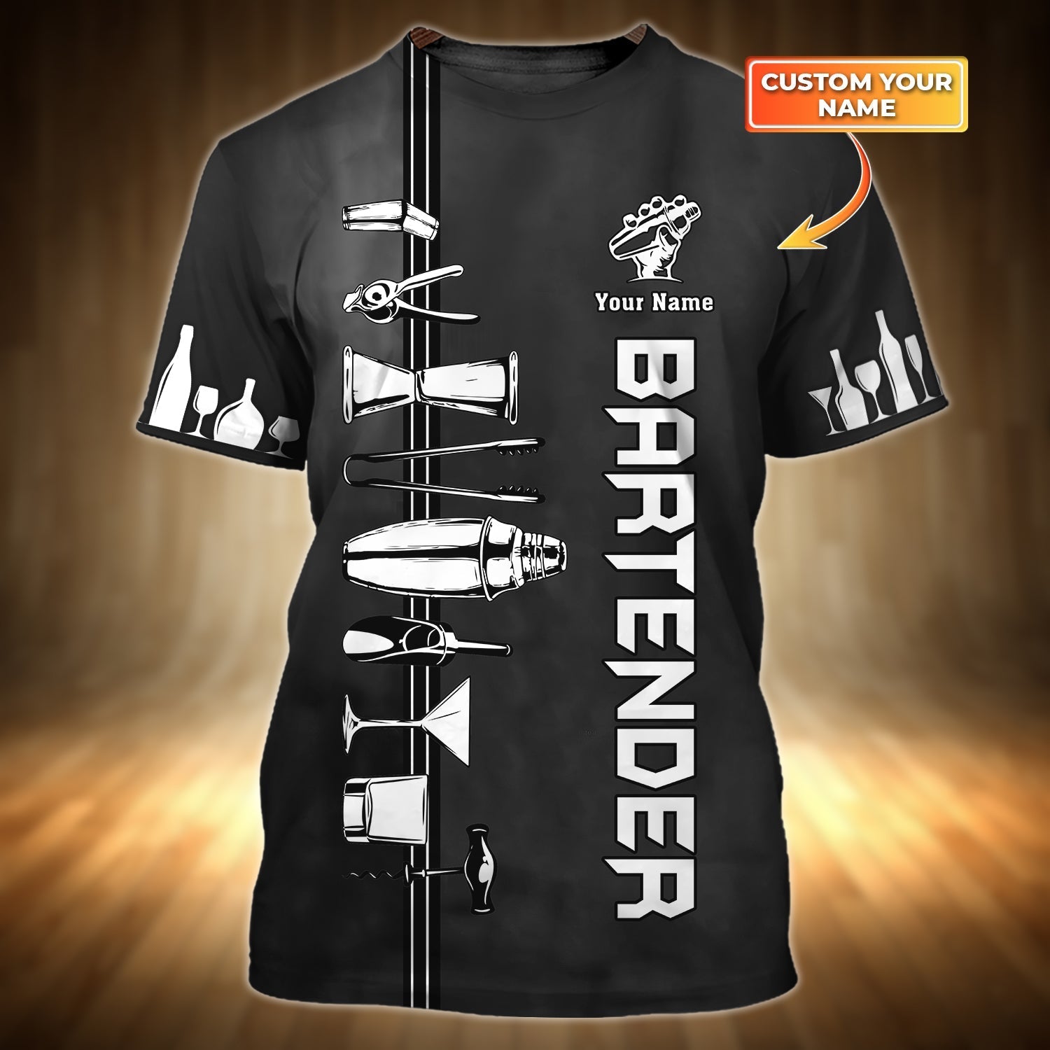 Black Bartender T Shirt/ Personalized Name 3D Full Printed Bartender Shirts Short Sleeve