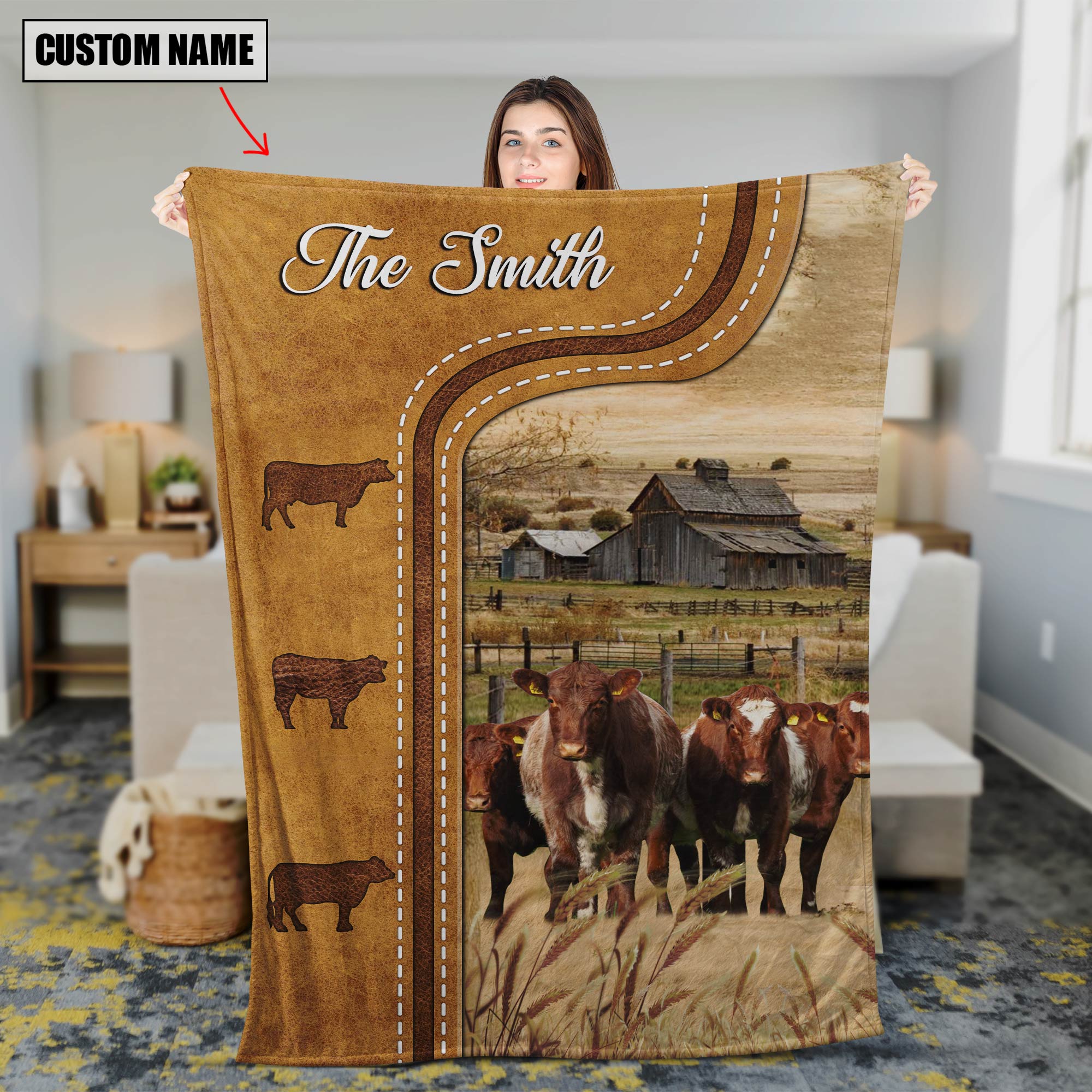 Personalized Name Shorthorn Cattle In Field Farmhouse Blanket Gift For Cow Lover