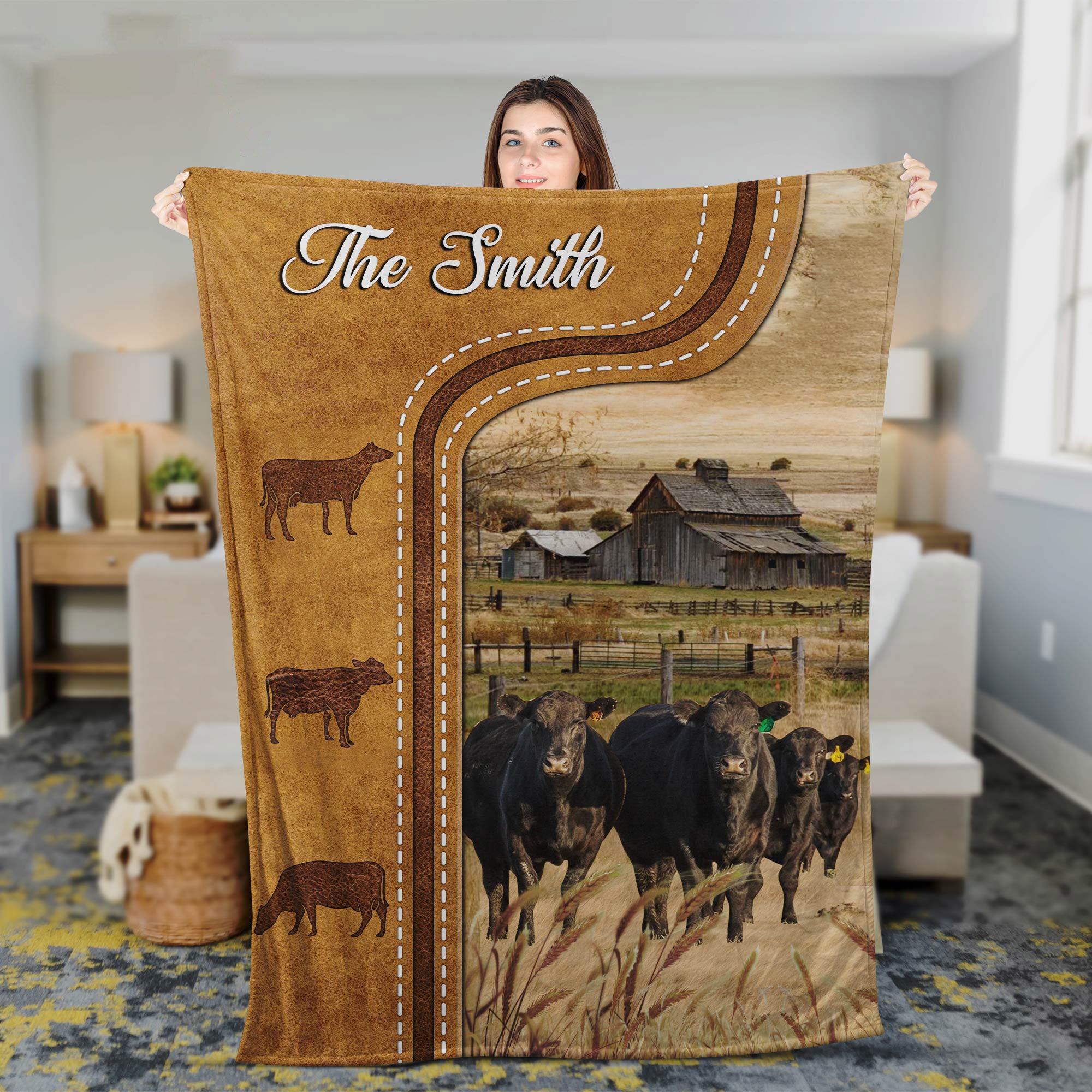 Personalized Black Angus Cattle In Field Farmhouse Blanket Gift For Cow Lover Throw Fleece Sherpa Blanket
