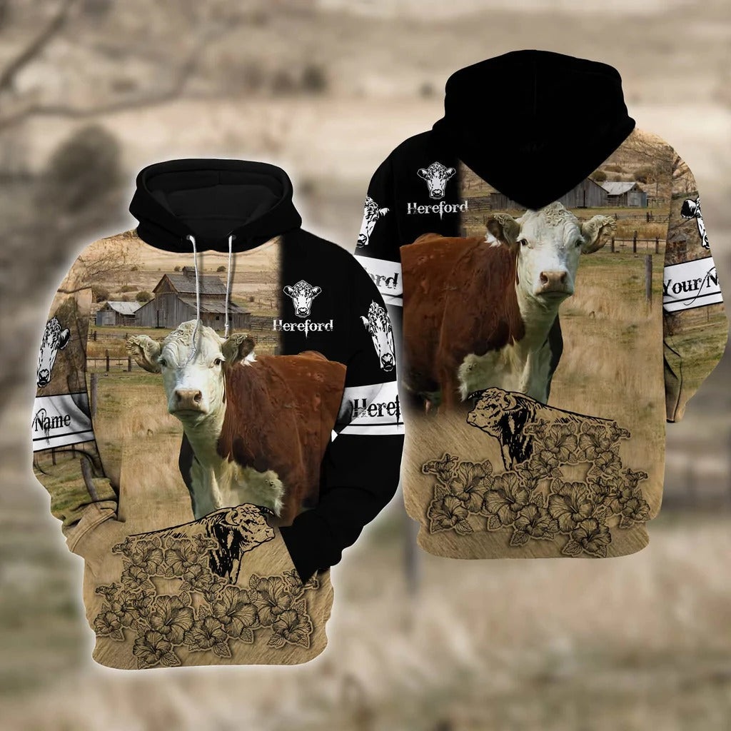Personalized Farm Hereford Cattle Hoodie 3D Full Print Cow Zip Hoodie