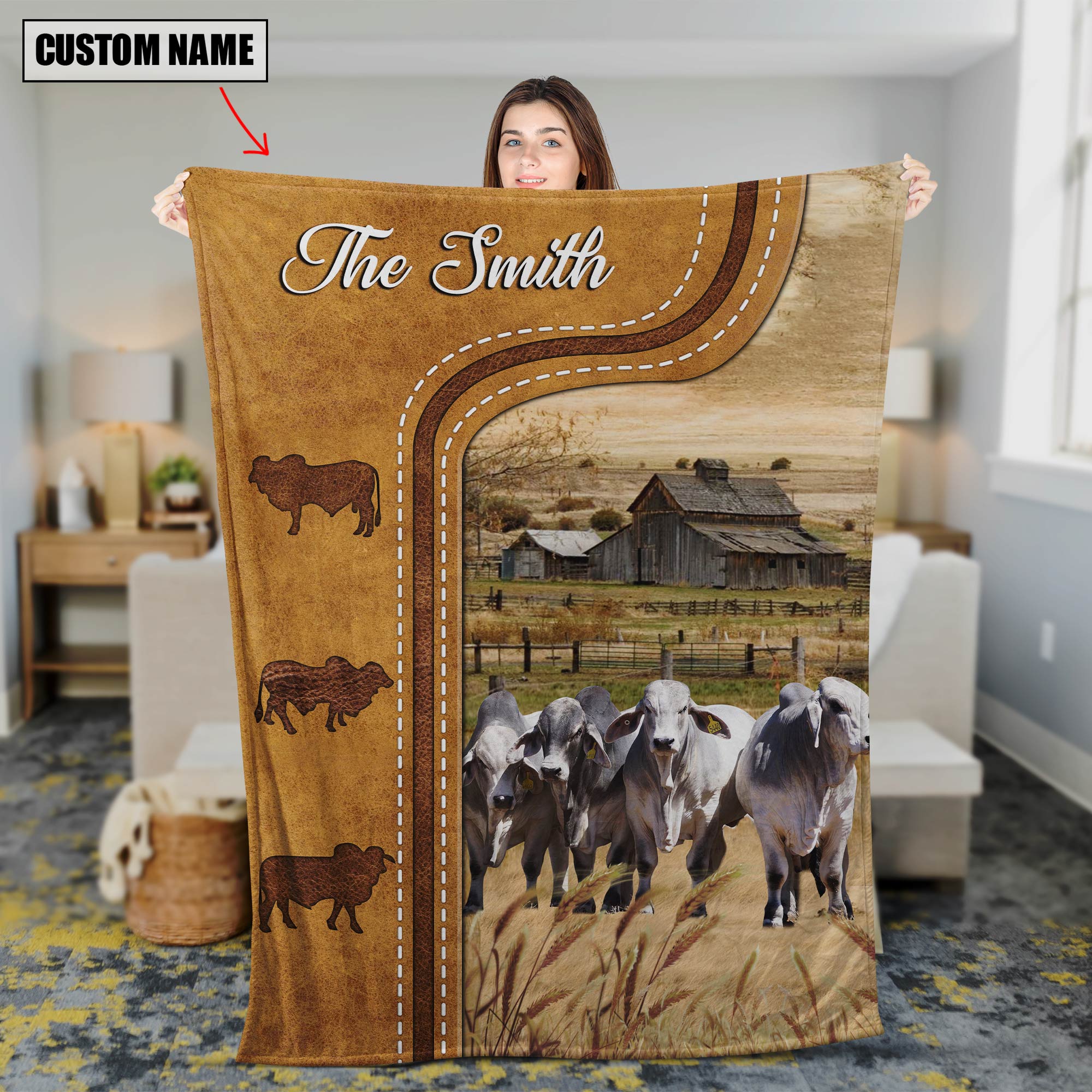 Personalized Brahman Cattle In Field Farmhouse Blanket Cow Fleece Sherpa Blanket