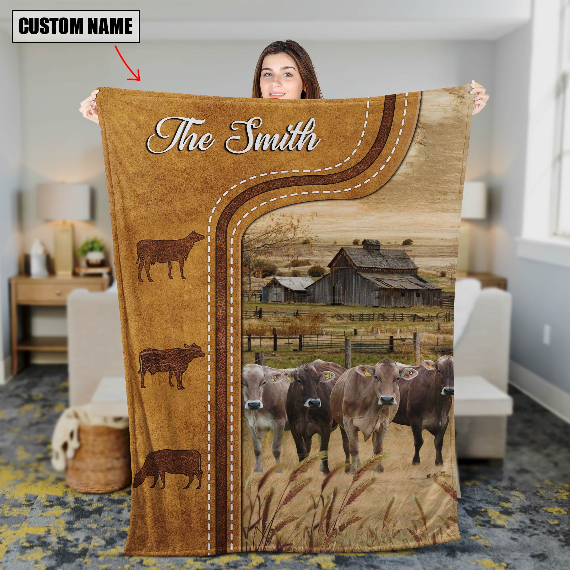 Personalized Brown Swiss Cattle In Field Farmhouse Blanket Farm Bedding Décor Throw Sherpa Premium Blanket