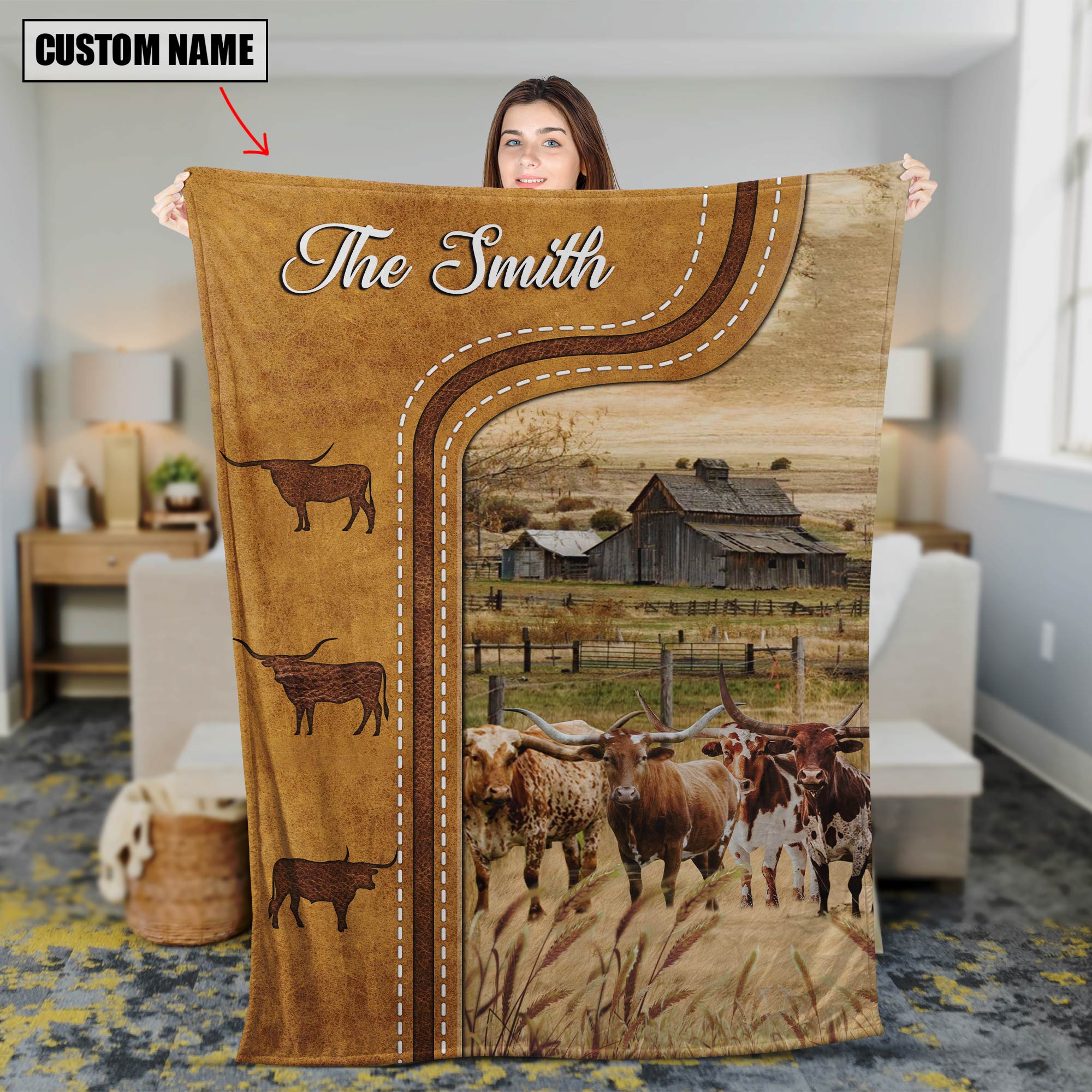 Personalized Texas Longhorn Cattle In Field Farm house Blanket Cow Blanket Full Size