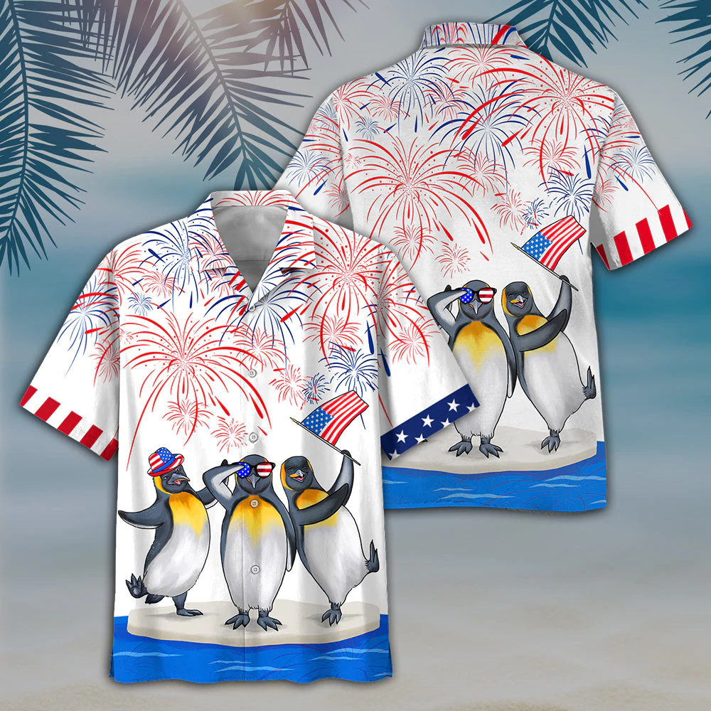 penguins 4th of july Hawaiian Shirt/ Independence Is Coming/ USA Patriotic Hawaiian Shirt