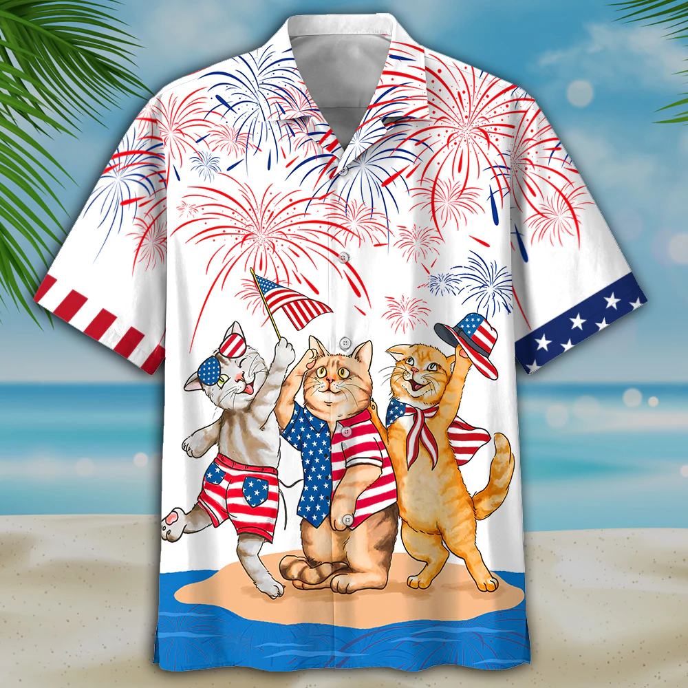 Cool Cat Hawaiian Shirt/ American Shorthair Shirts Independence Day/ Patriotic Cat Pet Hawaii Aloha Shirt