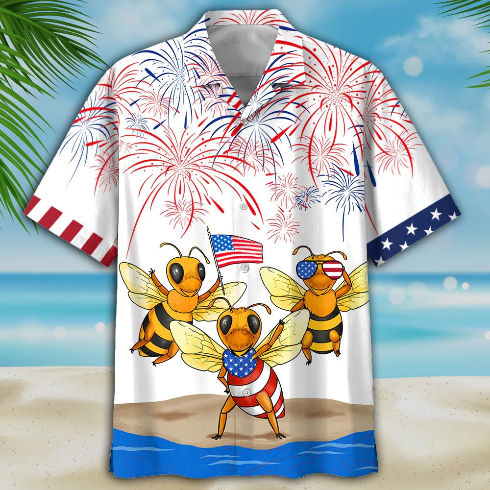 Bee Hawaiian Full Print Shirt/ Bee''s Hawaiian Shirt Independence Day/ Funny 4Th Of July Gifts