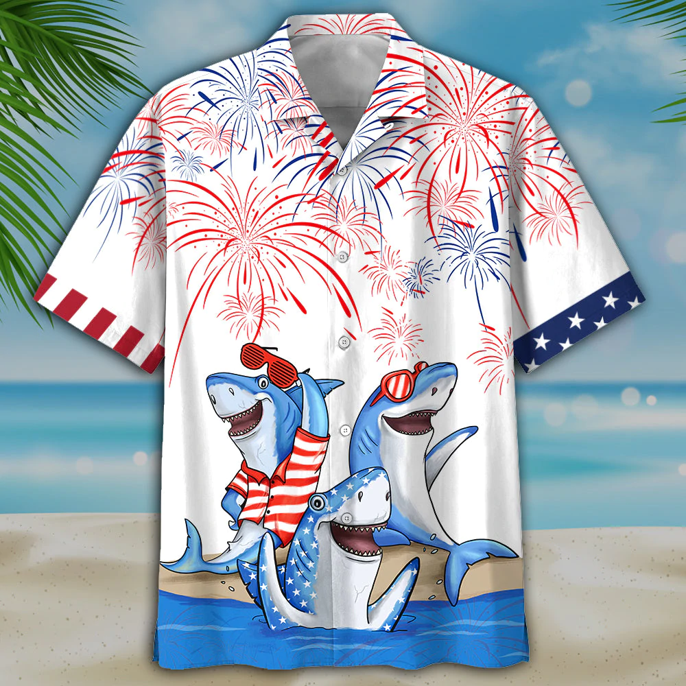Men''s 4th of july Shark hawaiian shirt - Independence Day hawaiian shirt/ USA Patriotic Hawaiian Shirt