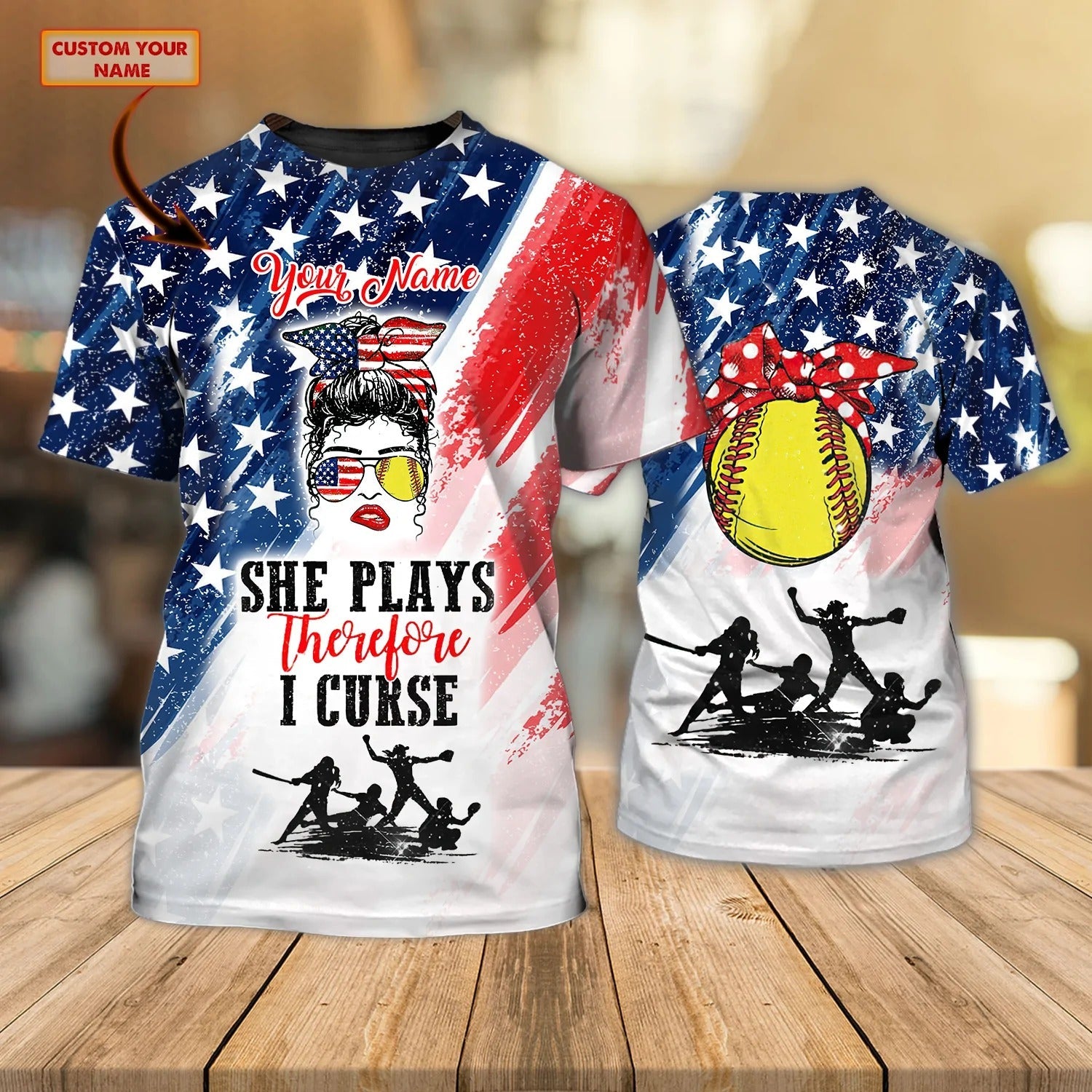 Personalized Funny Baseball Shirt American Flag Pattern/ She Plays Therefore I Cruse/ Baseball Mom