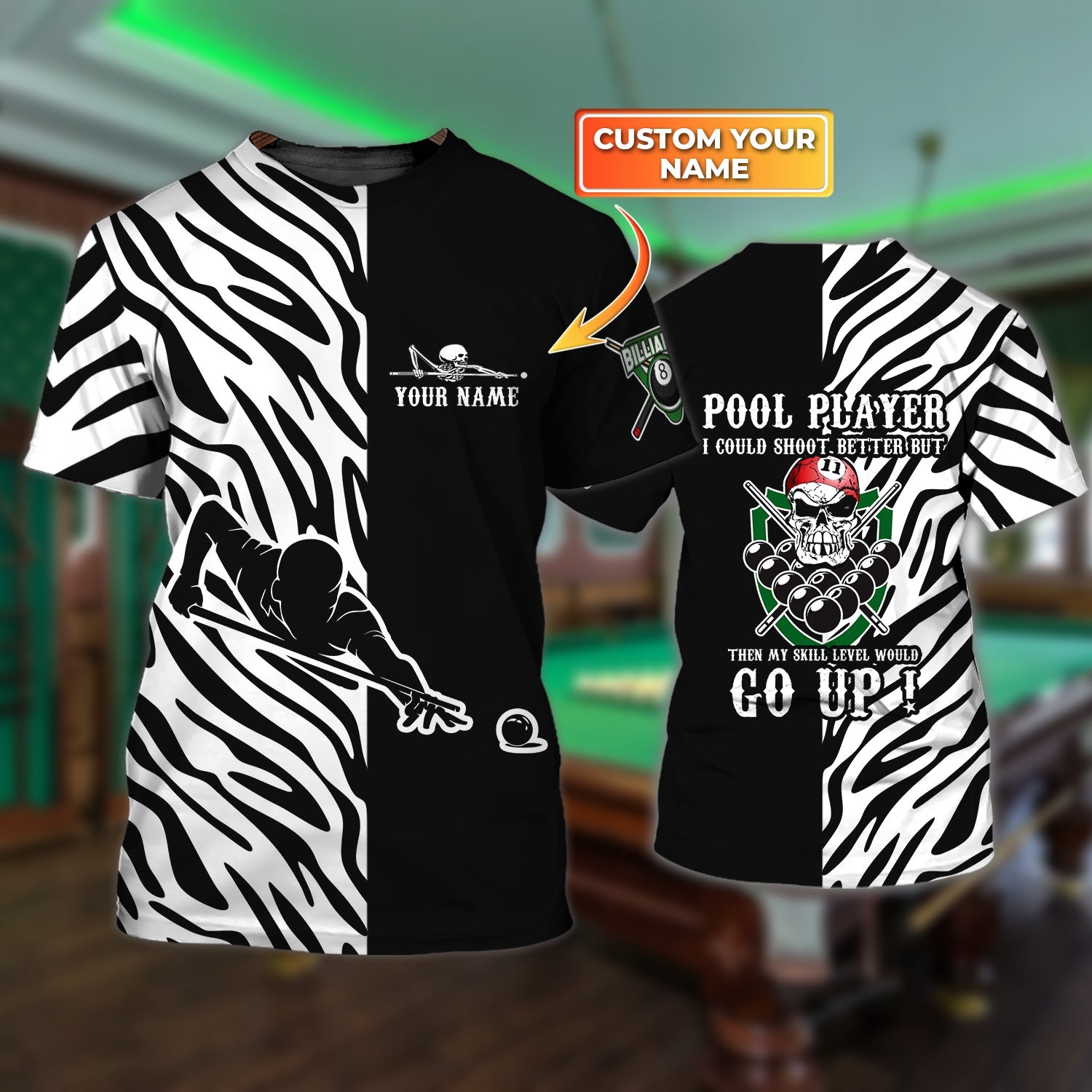 3D All Over Print Black and White Pattern Billiard Polo Shirt/ Pool Player I Could Shoot Better But Then My Skill Level Would Go Up