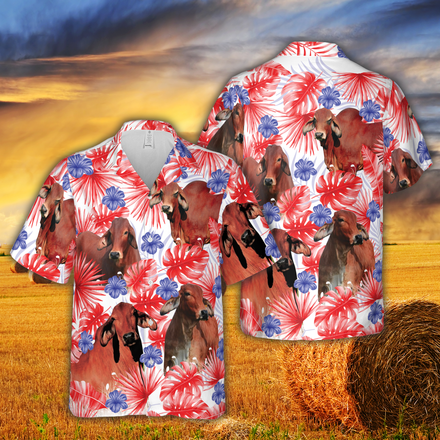 American Colors Red Brahman Cattle Hawaiian Shirt