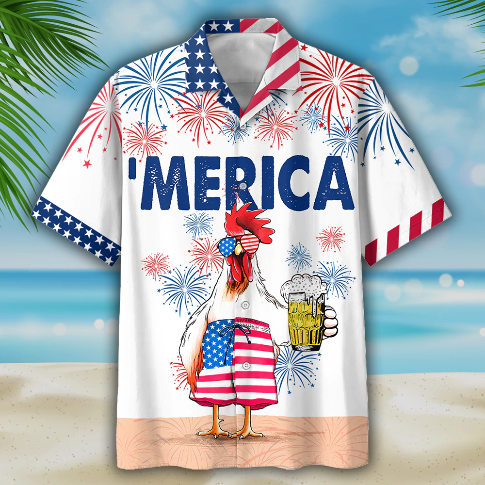 Funny Chicken Beer Hawaiian Shirt For Independence''S Day/ Cool Chicken Patriotic 4Th Of July Gift For Chicken Lovers