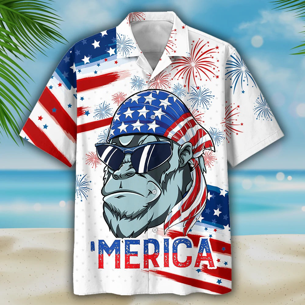 Gorila Hawaiian Shirt For Independence''S Day/ Usa Flag Pattern Merica Hawaiian Shirt/ Patriotic Hawaii Shirt