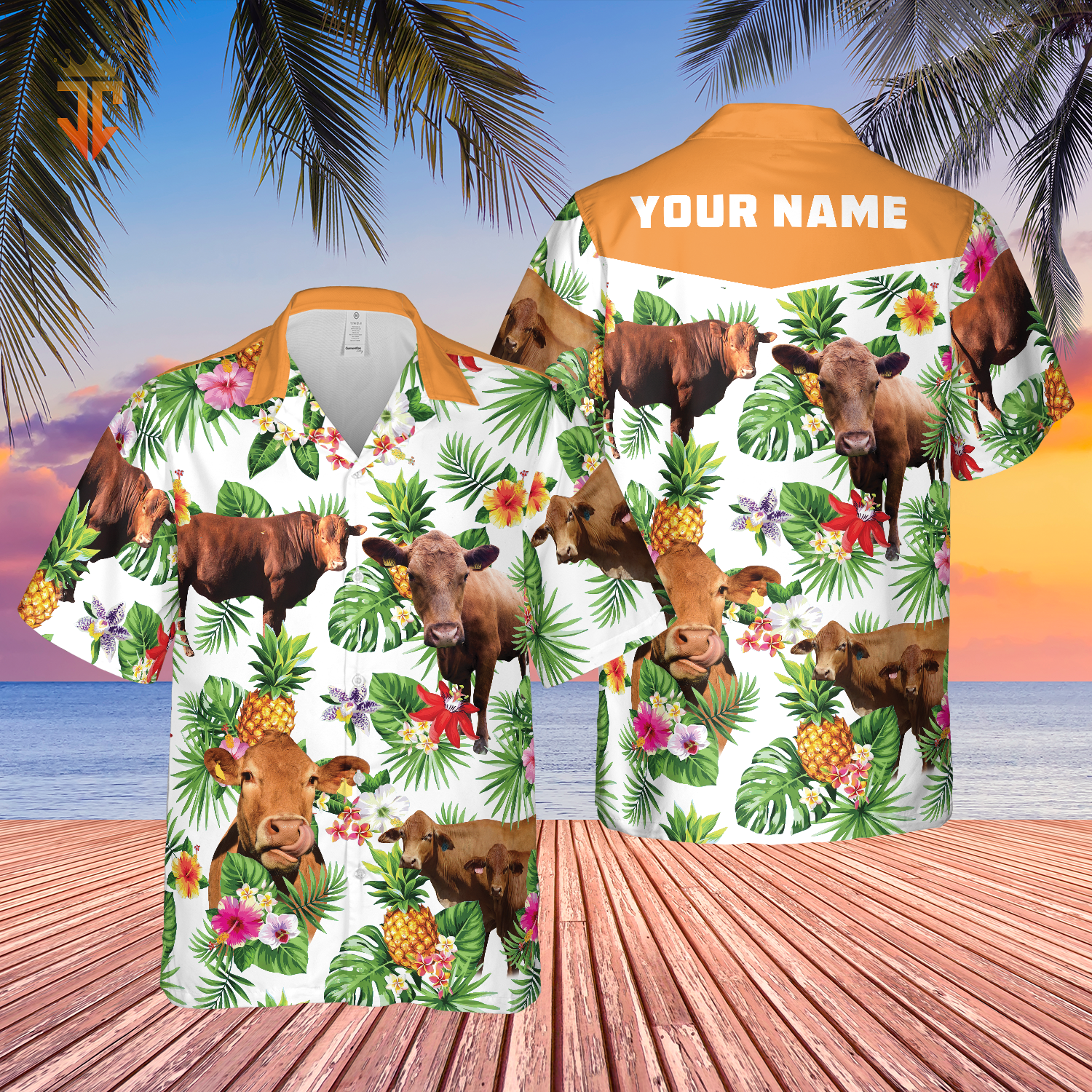 Personalized Name Red Angus Cattle Pineapples All Over Printed 3D Hawaiian Shirt