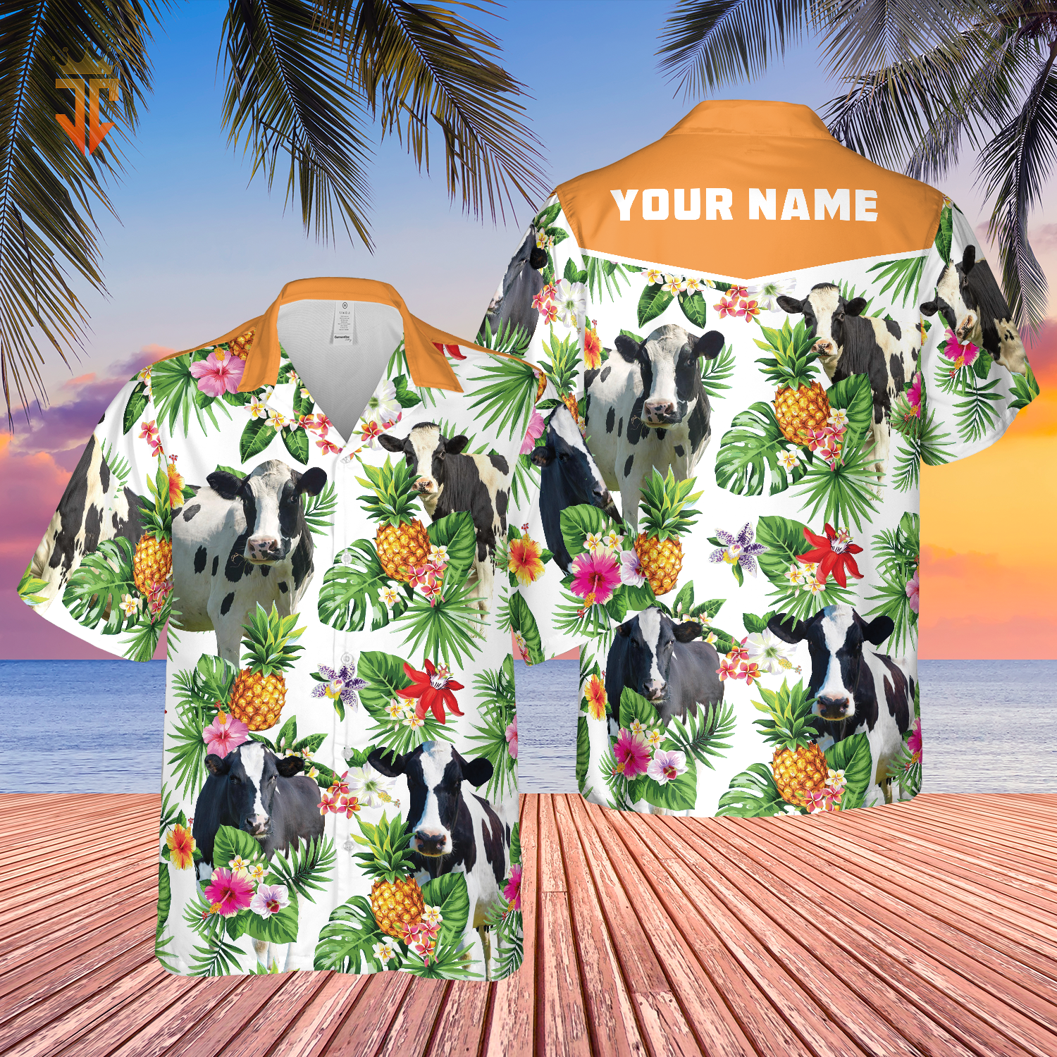Personalized Name Holstein Friesian Cattle Pineapples All Over Printed 3D Hawaiian Shirt