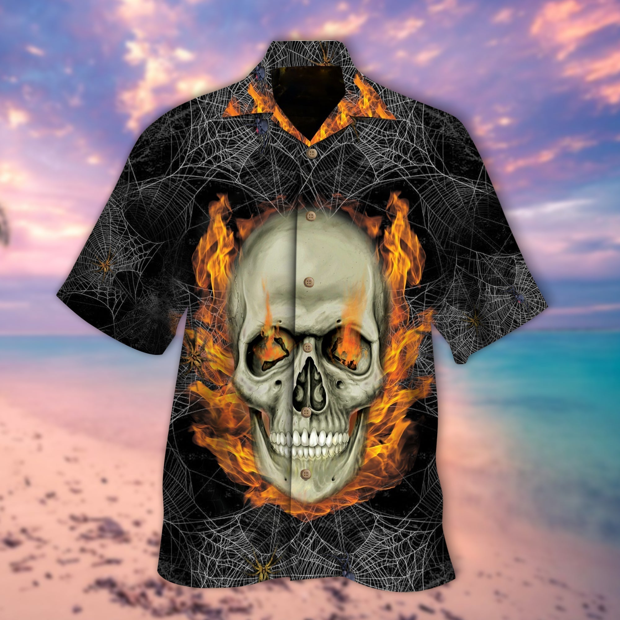Skull On Fire Cobweb Hawaiian Shirt/ Best Hawaii Shirt For Skull Lover
