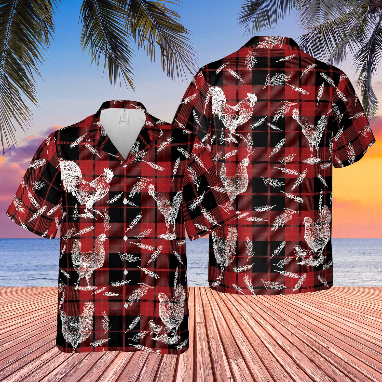 Plaid Pattern Chicken All Over Printed 3D Hawaiian Shirt