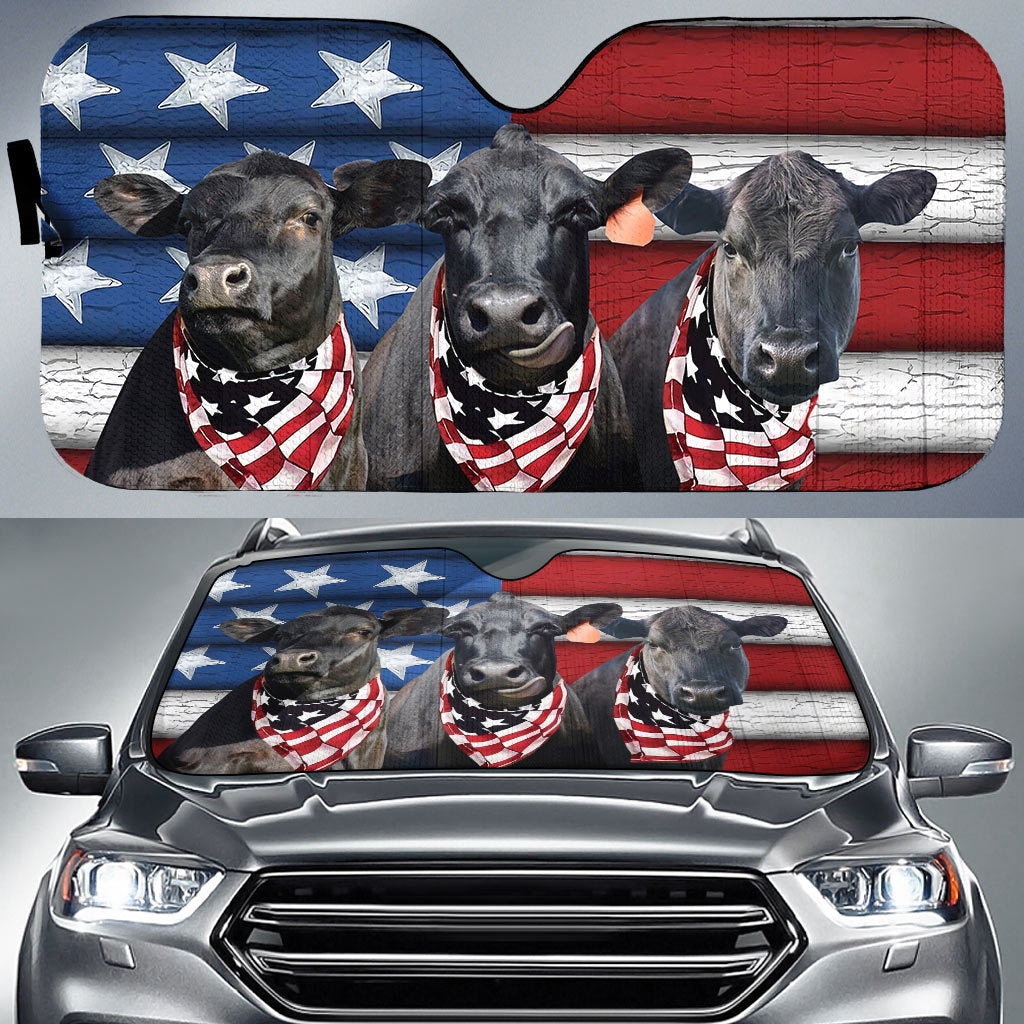 Farm Car Sunshade Cover/ Black Angus Cattles United States Flag Pattern Auto Sun Shade