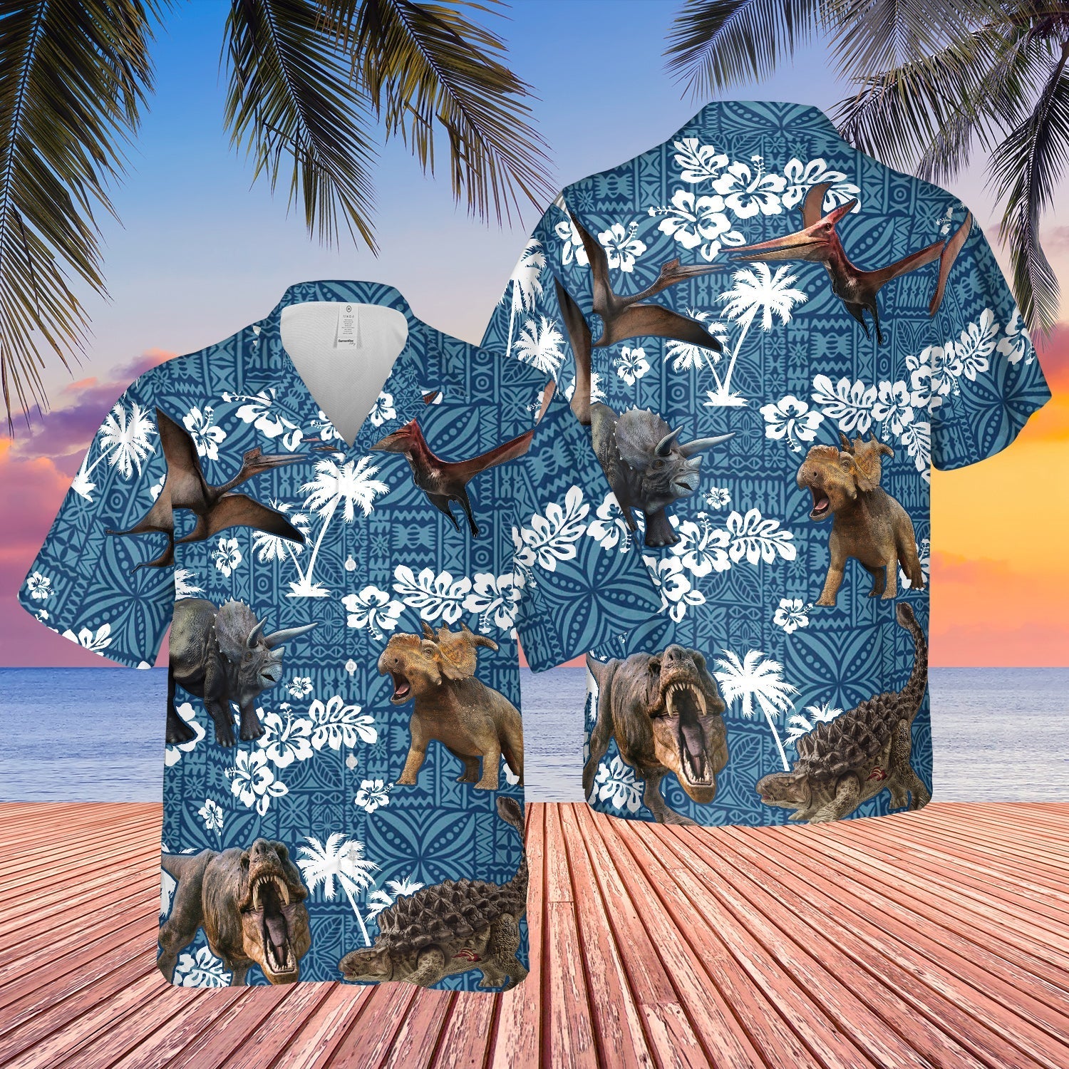 Dinosaur Blue Tribal All Over Printed 3D Hawaiian Shirt