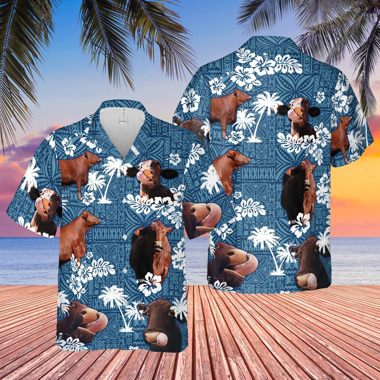 Santa Gertrudis Cattle Blue Tribal All Over Printed 3D Hawaiian Shirt