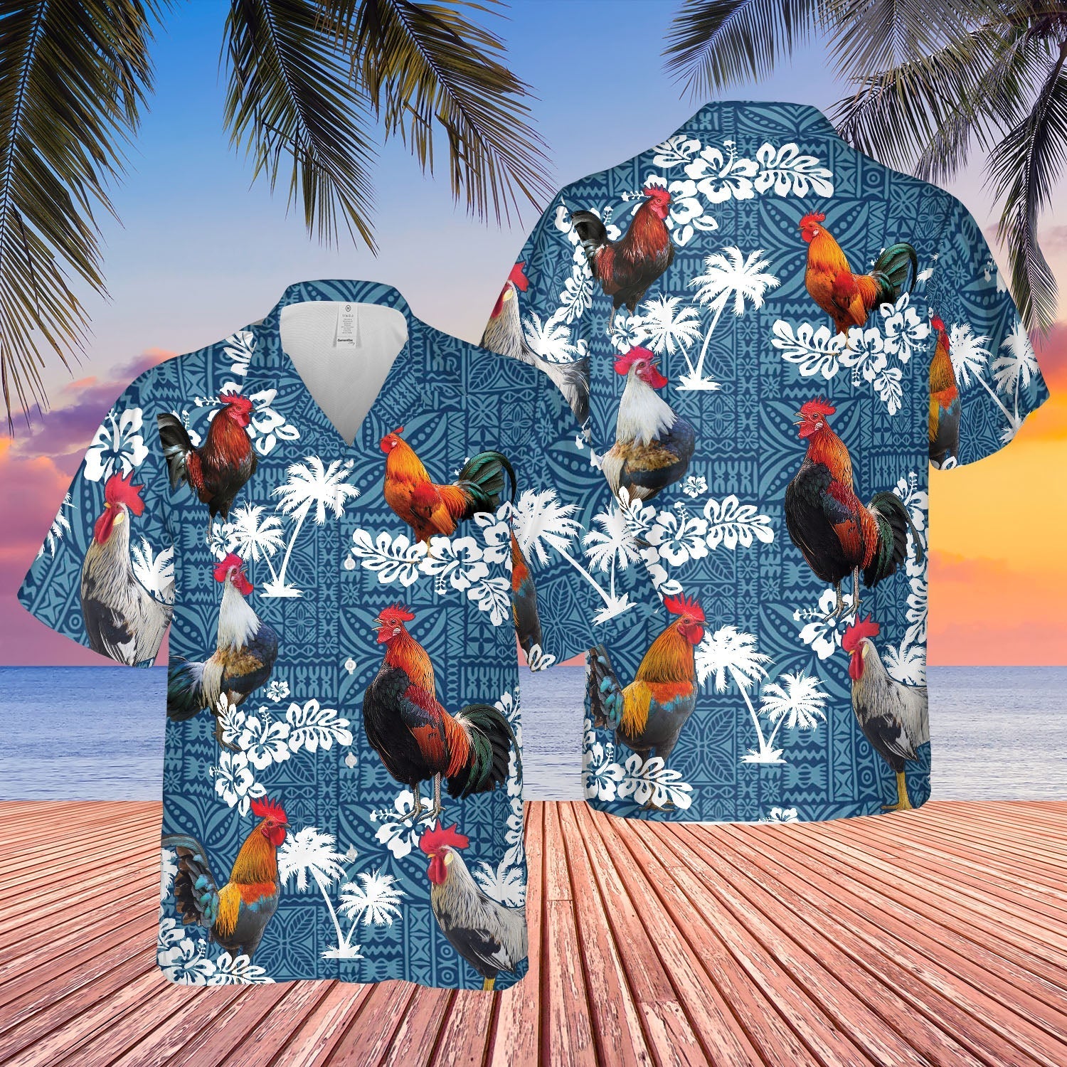 Rooster Blue Tribal All Over Printed 3D Hawaiian Shirt
