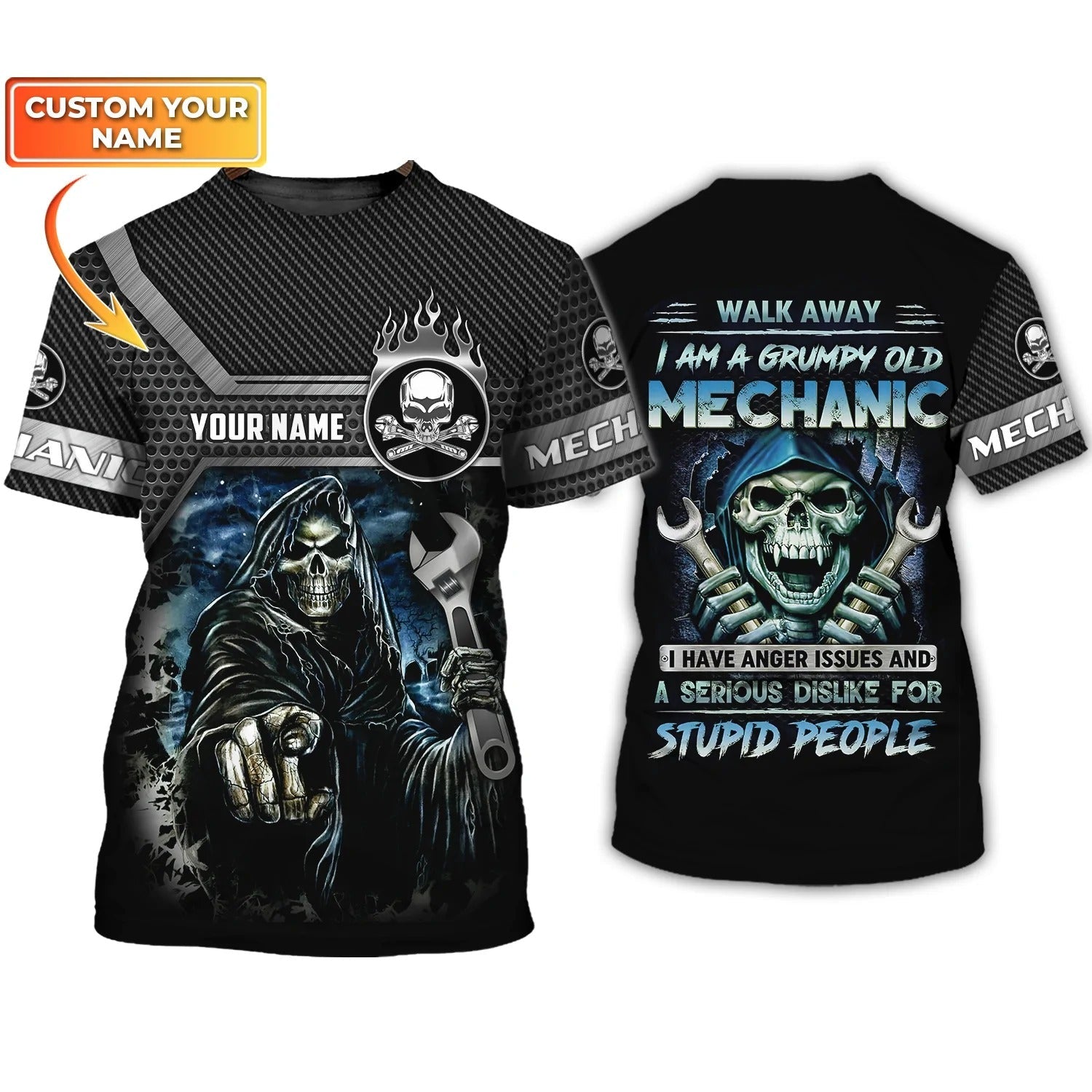 Grumpy Old Mechanic 3D Shirts Personalized Name/ Skull Mechanical Tshirt For Him/ Mechanic Men Shirt