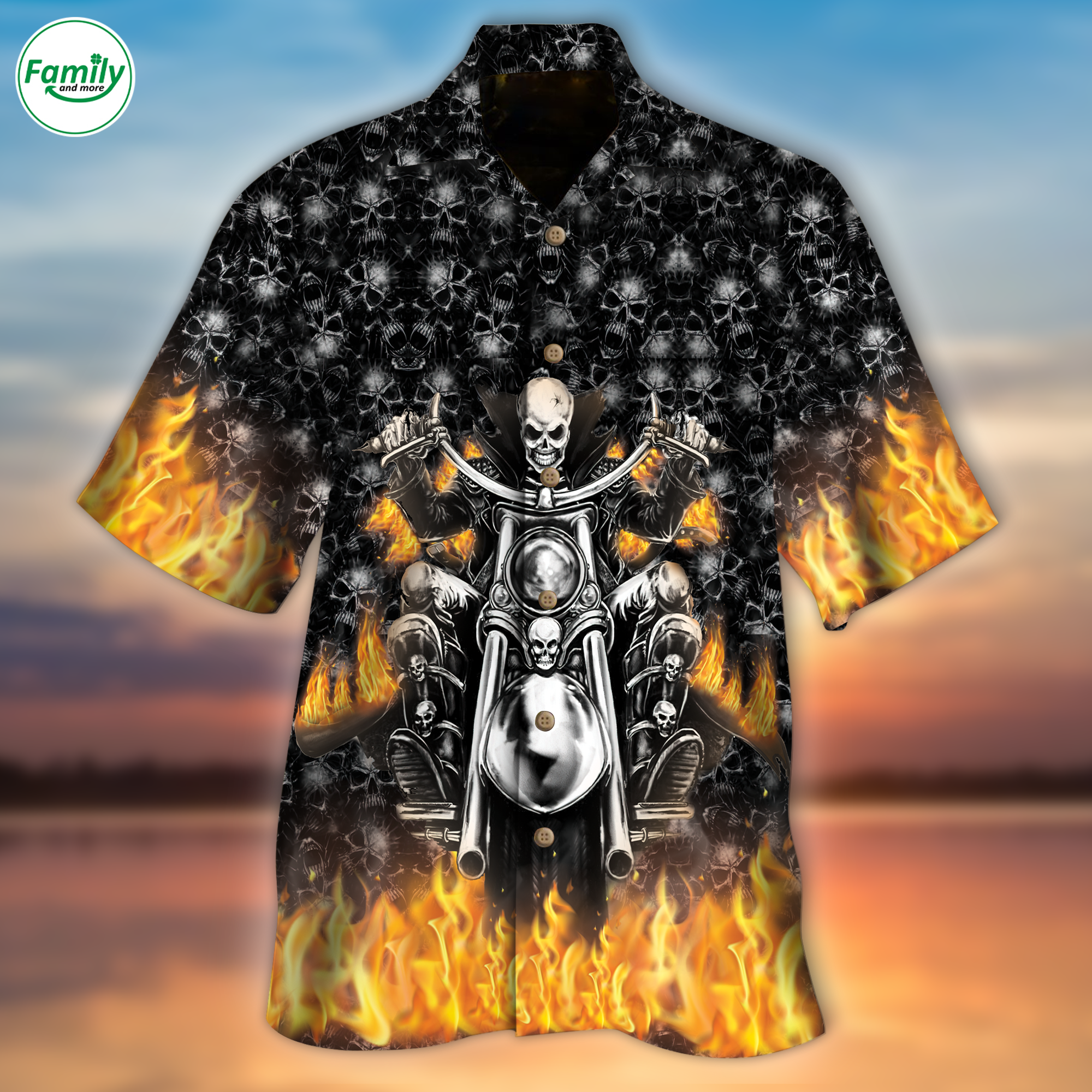 Skeleton Hawaiian Shirt Skull Skeleton Rider On Fire All Over Printed 3D Hawaiian Shirt
