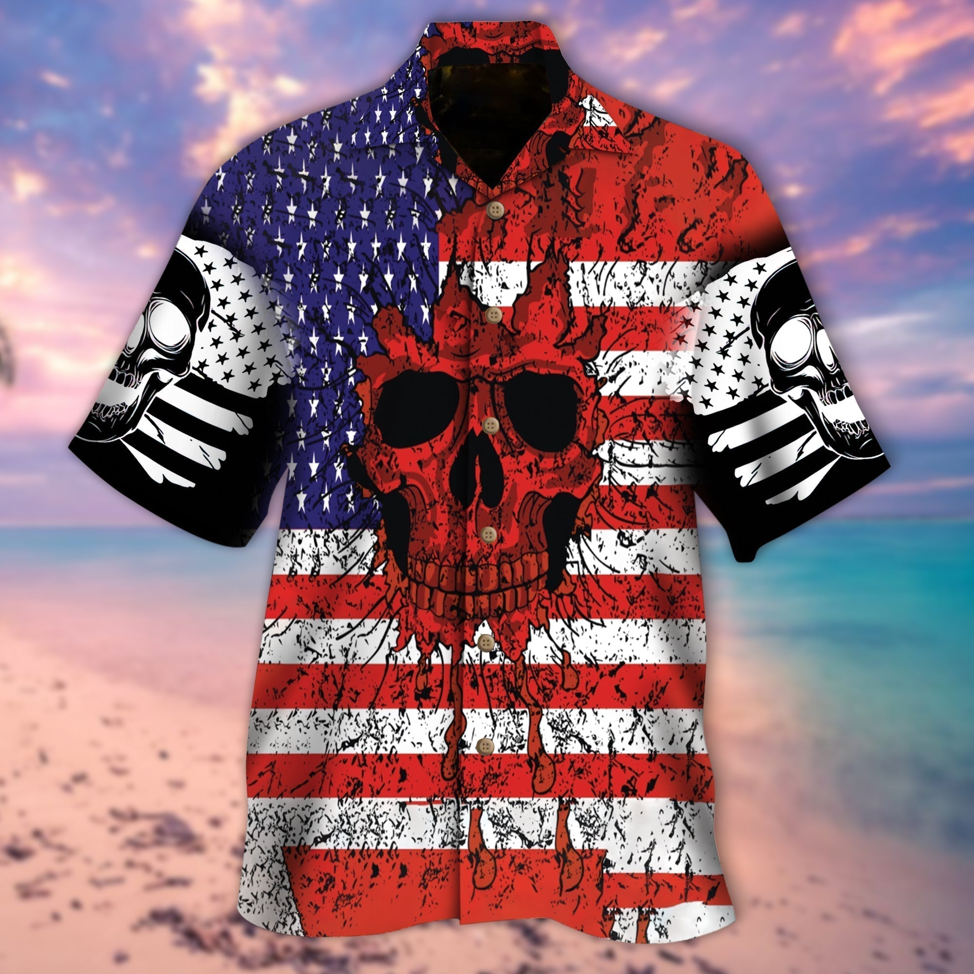 Nice Skull U.S Flag Pattern Hawaiian Shirt/ Gift For Skull Lovers