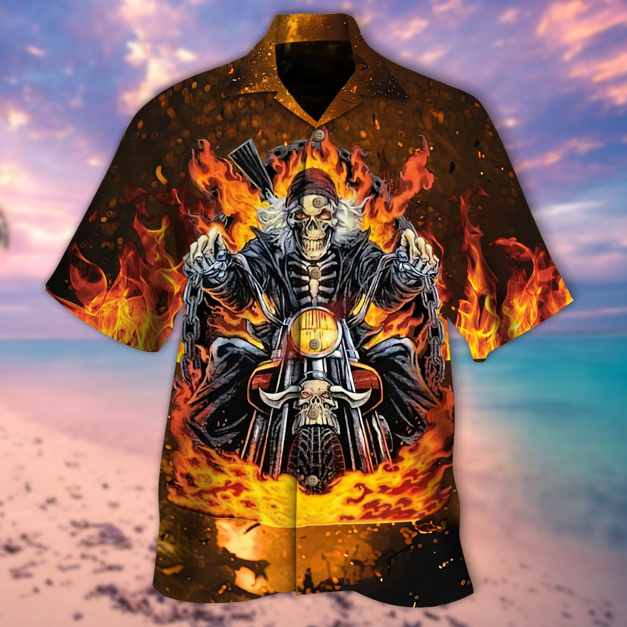 Biker Skull On Fire Hawaiian Shirt/ Best Gift For Skull Lovers