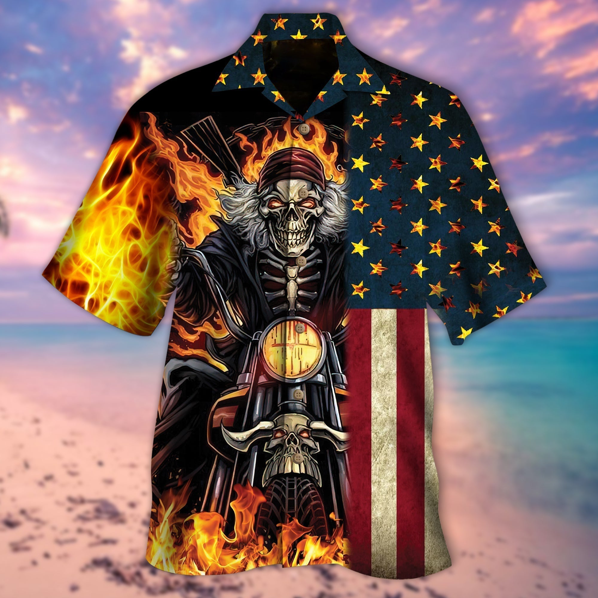 Hawaiian Shirt With Biker Skull United States Flag On Fire Pattern