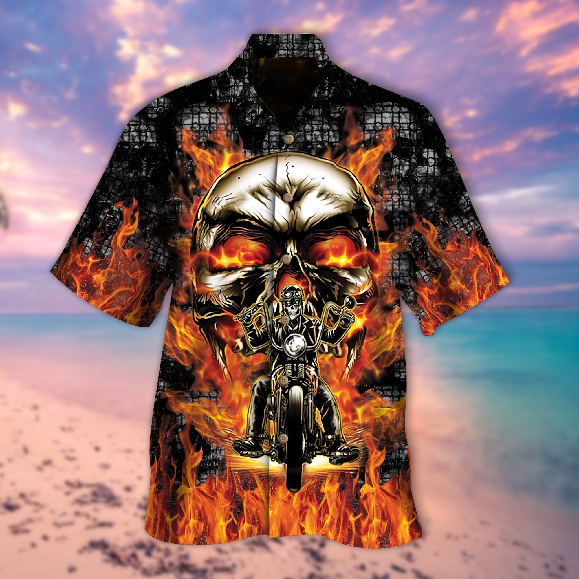3D All Over Printed Skull Summer Hawaiian Shirt Ghost Rider Skull Fire Pattern