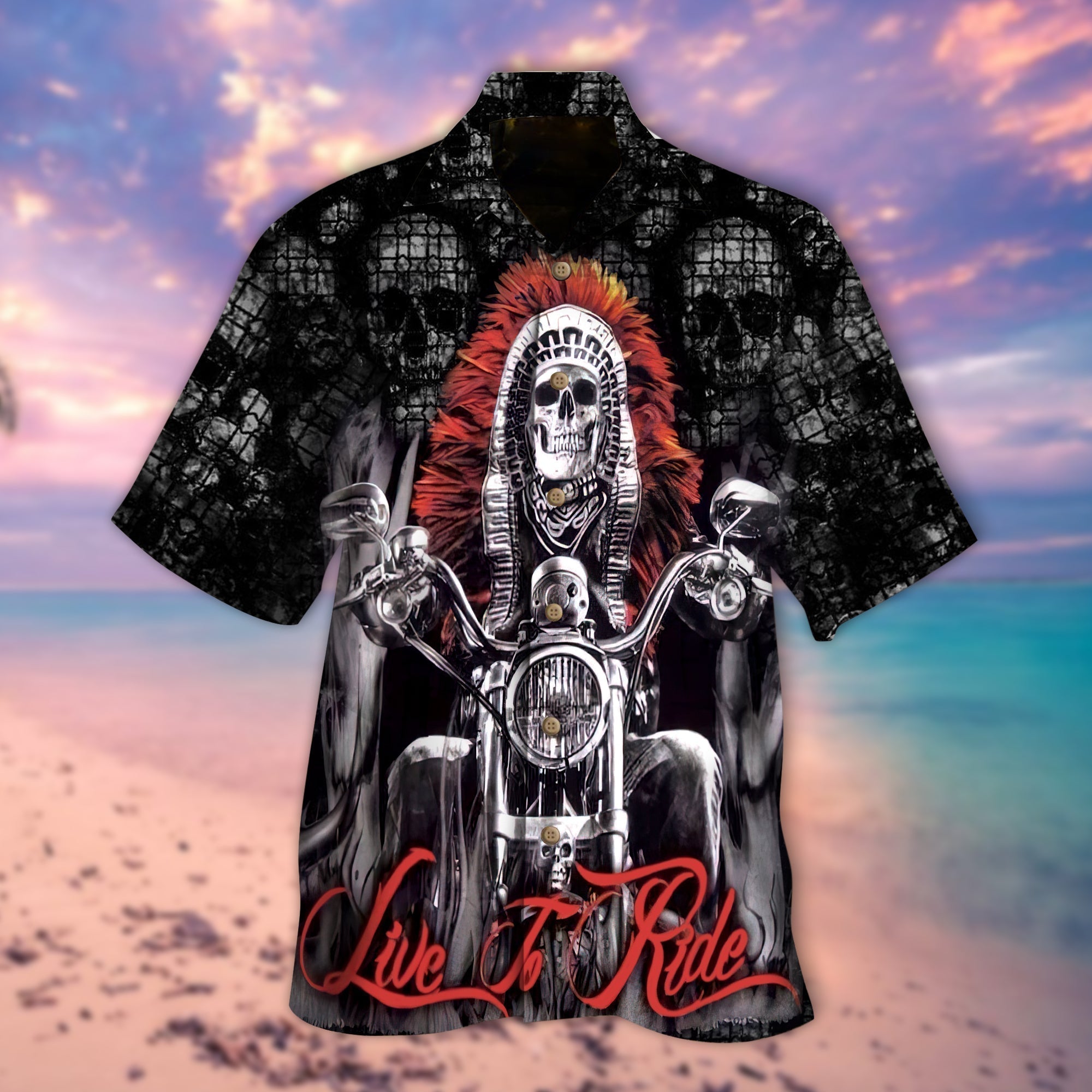 Skull Live To Ride Hawaiian Shirt/ Native American Skull Hawaiian Shirts Adults