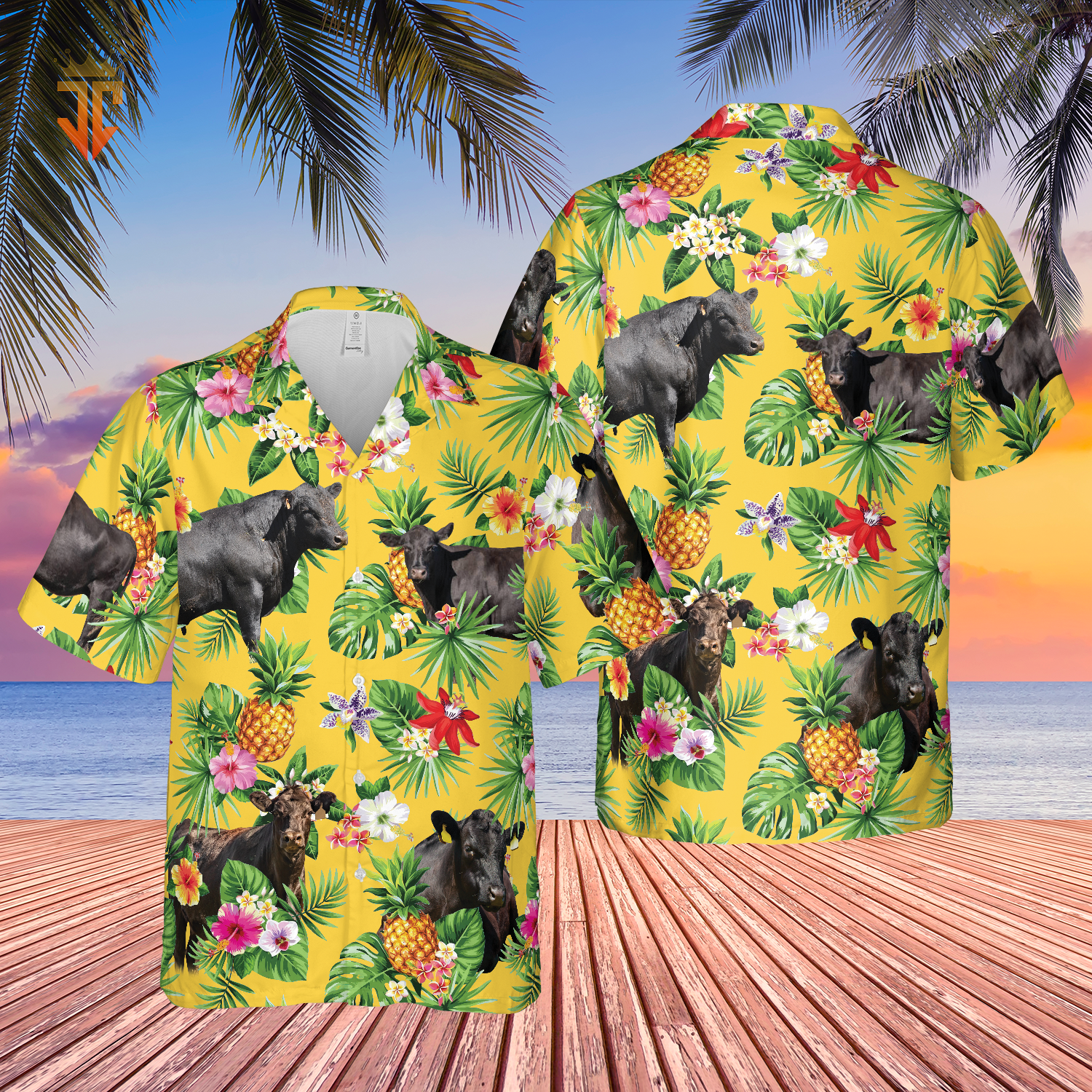 Personalized Name Black Angus Cattle Pineapples All Over Printed 3D Hawaiian Shirt