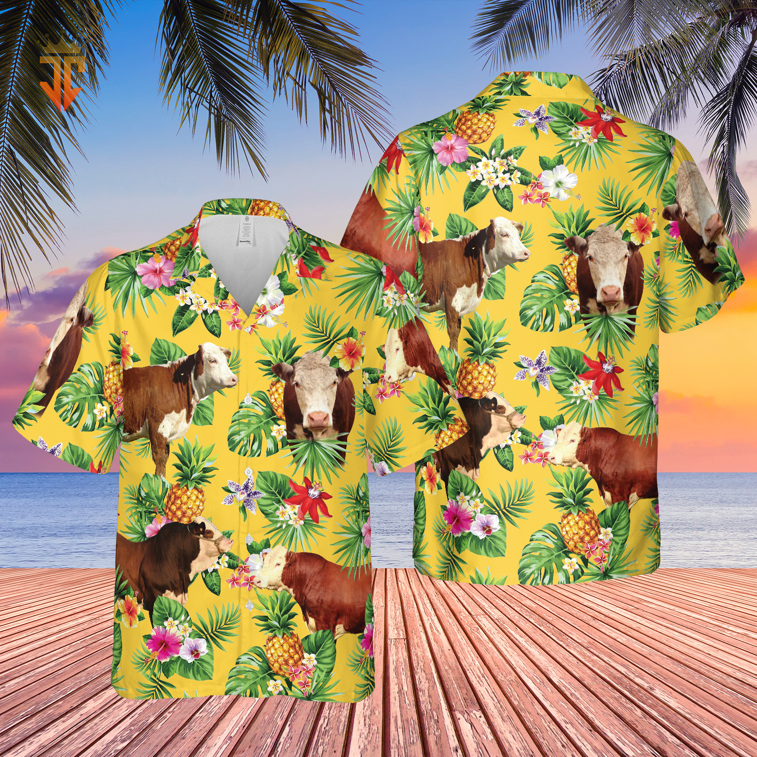 Personalized Name Hereford Cattle Pineapples All Over Printed 3D Hawaiian Shirt