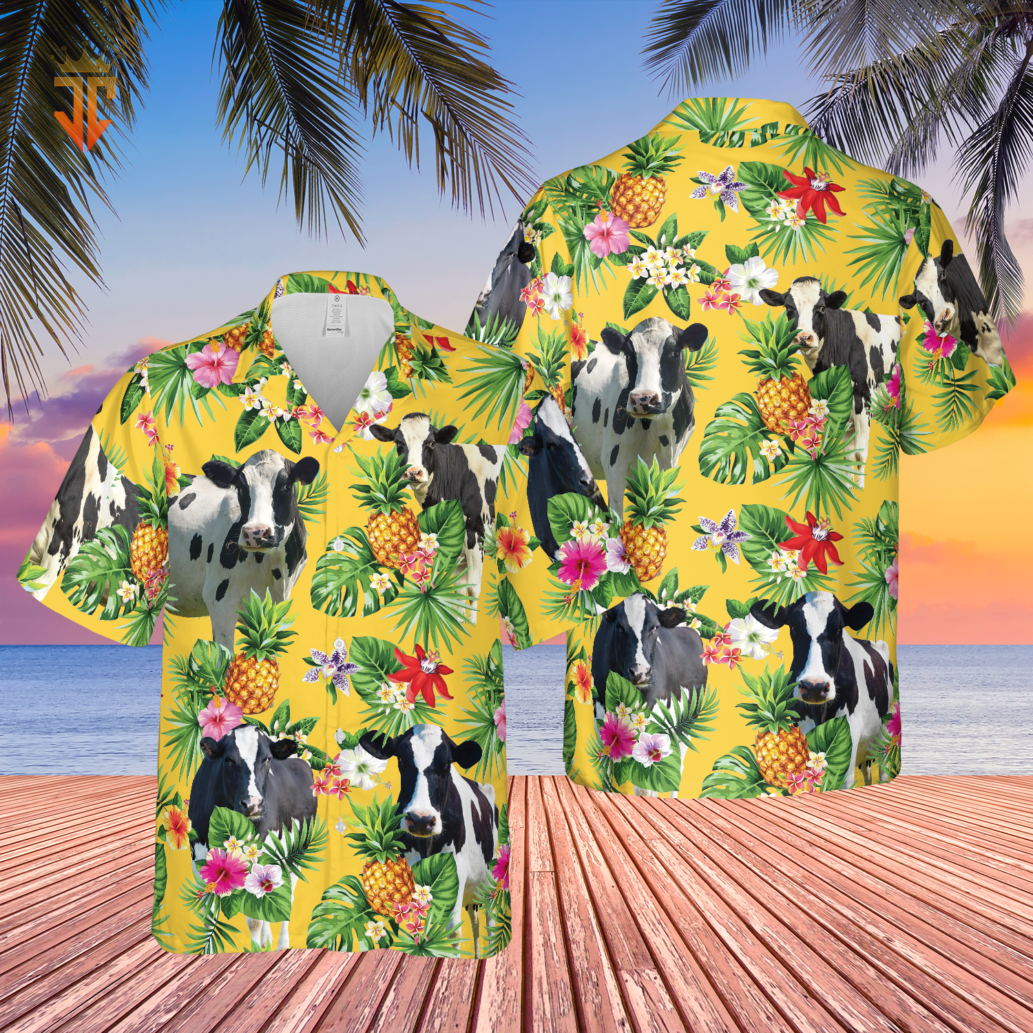 Personalized Name Holstein Friesian Cattle Pineapples All Over Printed 3D Hawaiian Shirt