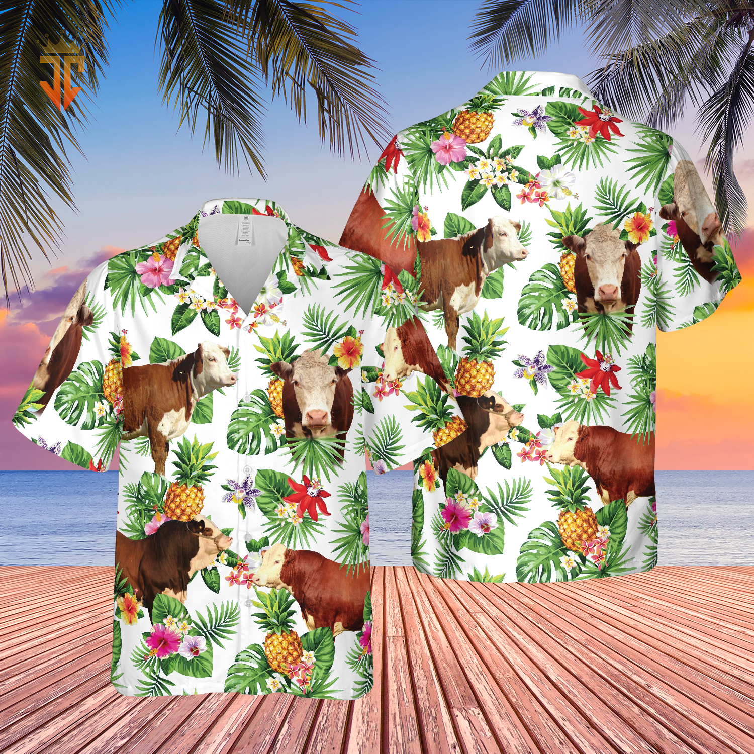 Personalized Name Hereford Cattle Pineapples All Over Printed 3D Hawaiian Shirt